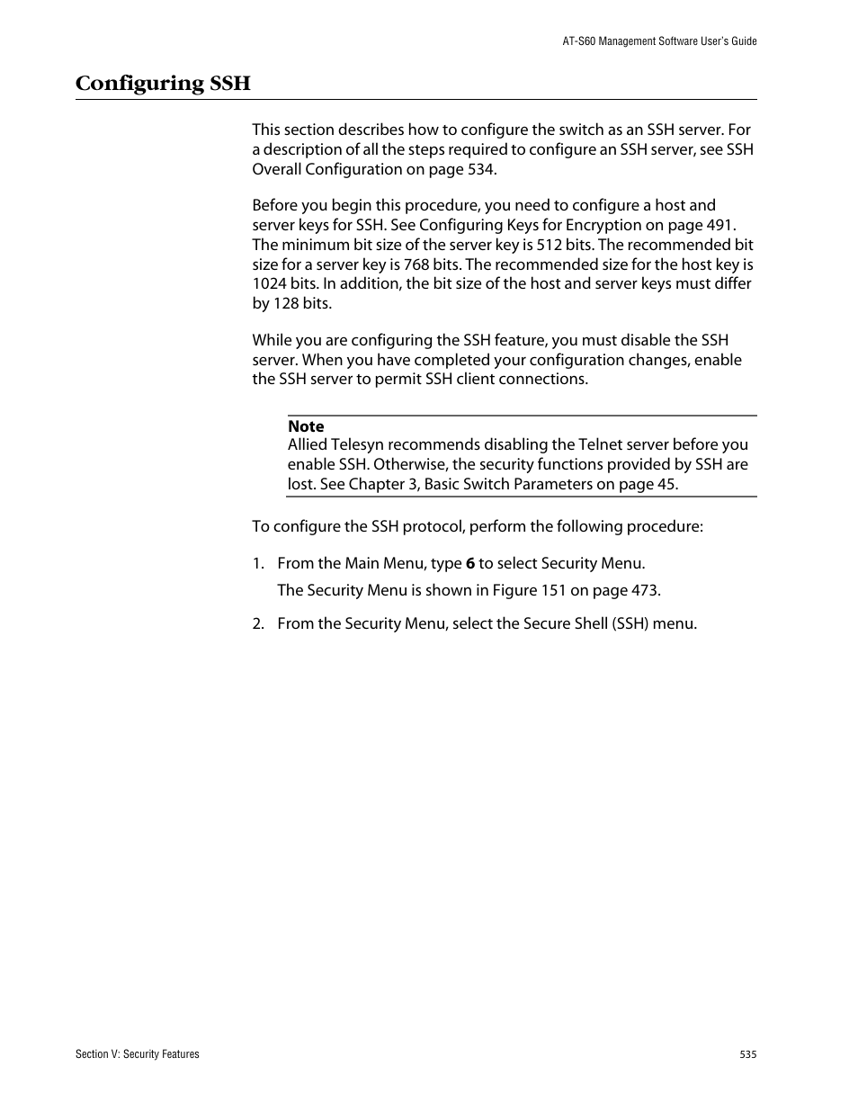 Configuring ssh | Allied Telesis AT-S60 User Manual | Page 535 / 858