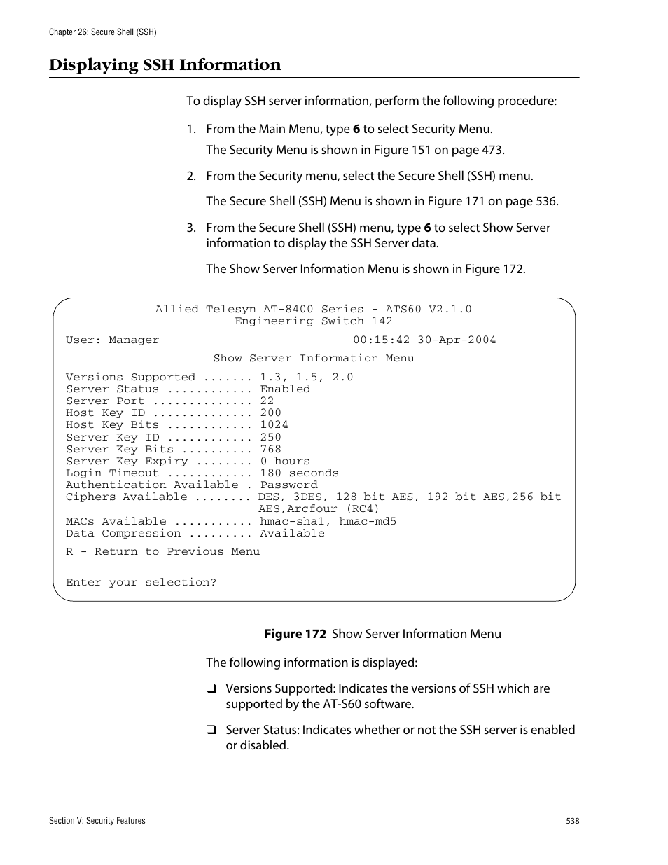 Displaying ssh information | Allied Telesis AT-S60 User Manual | Page 538 / 858
