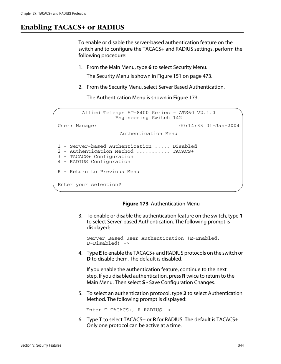 Enabling tacacs+ or radius | Allied Telesis AT-S60 User Manual | Page 544 / 858