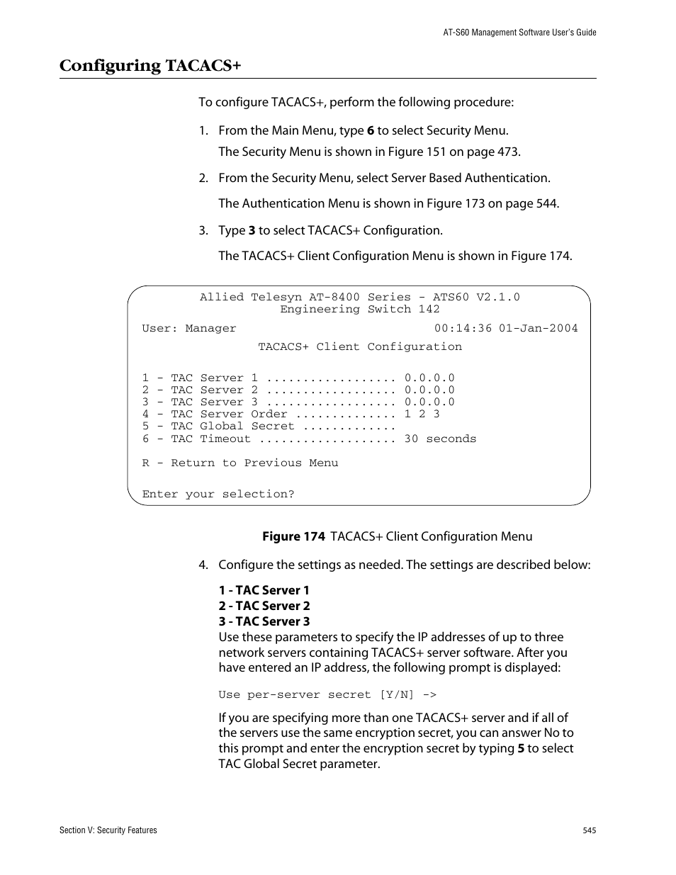 Configuring tacacs | Allied Telesis AT-S60 User Manual | Page 545 / 858