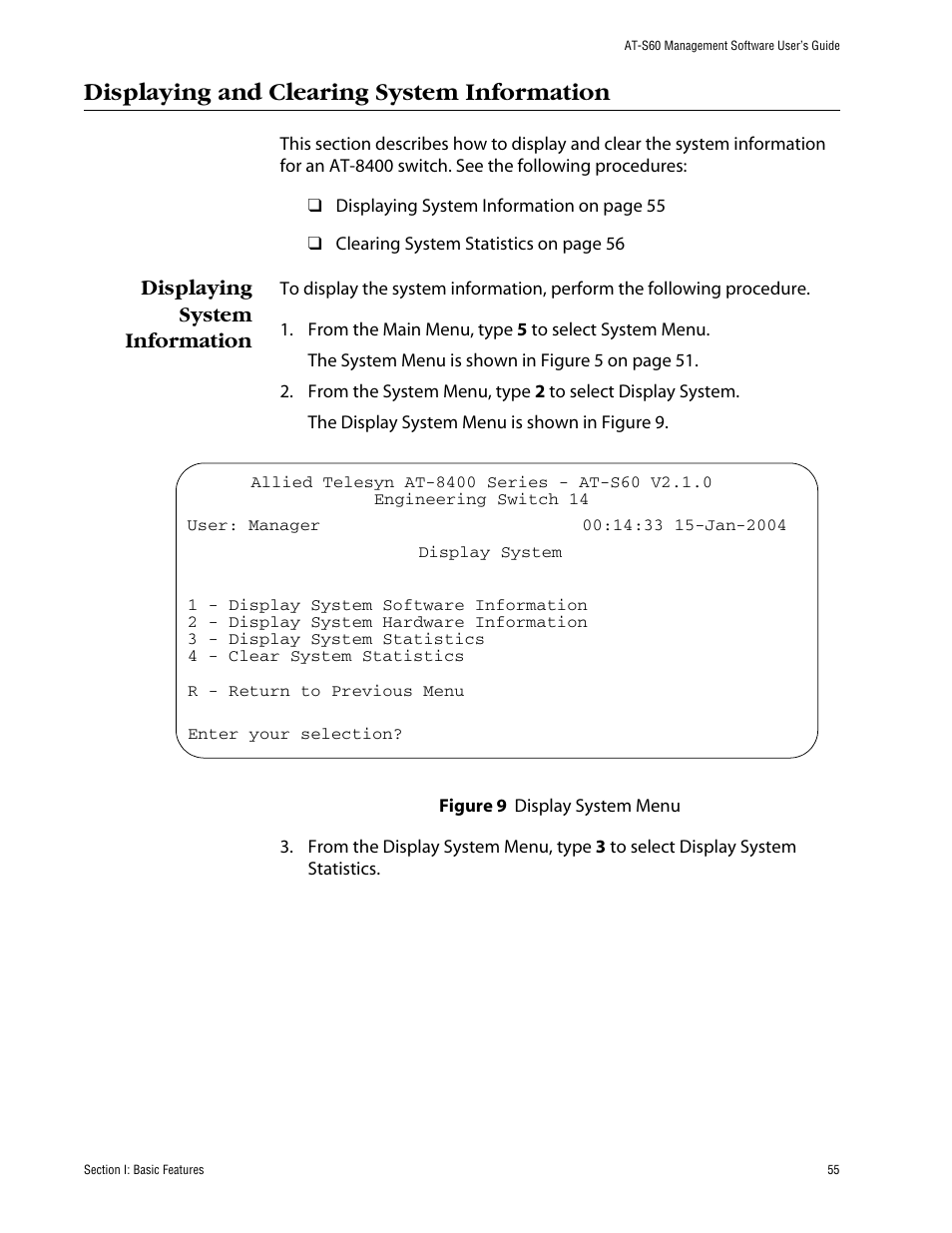 Displaying and clearing system information, Displaying system information | Allied Telesis AT-S60 User Manual | Page 55 / 858