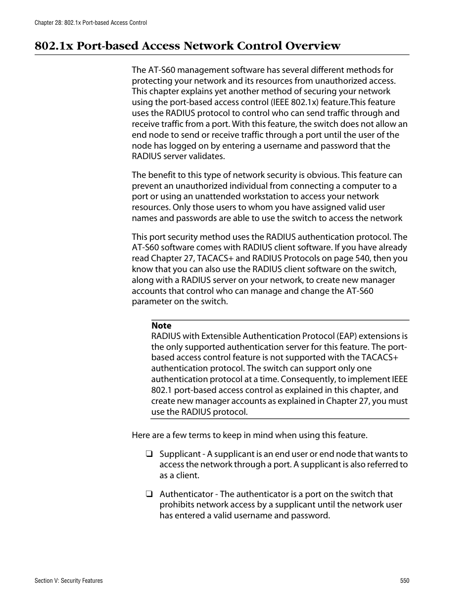 1x port-based access network control overview | Allied Telesis AT-S60 User Manual | Page 550 / 858