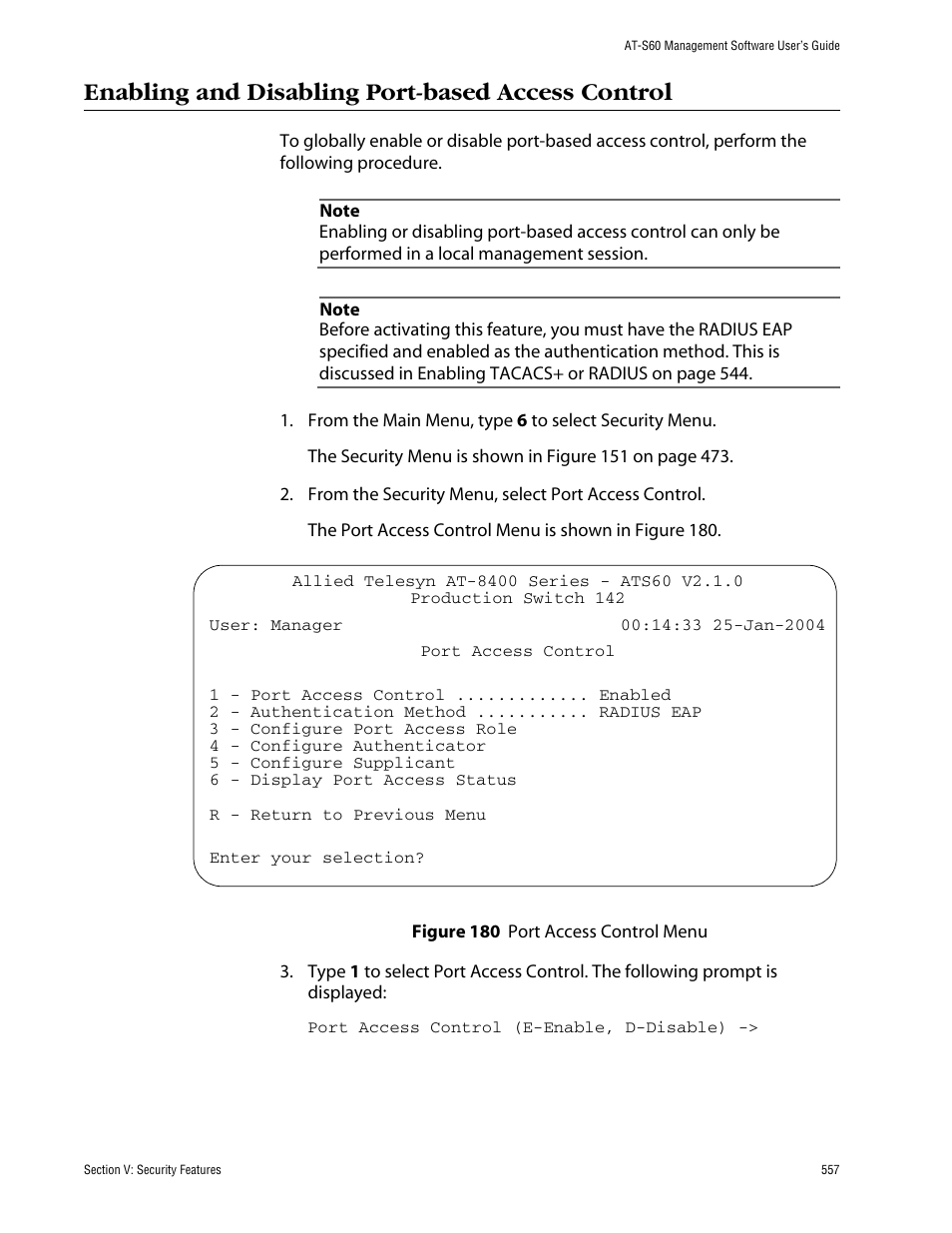 Enabling and disabling port-based access control | Allied Telesis AT-S60 User Manual | Page 557 / 858