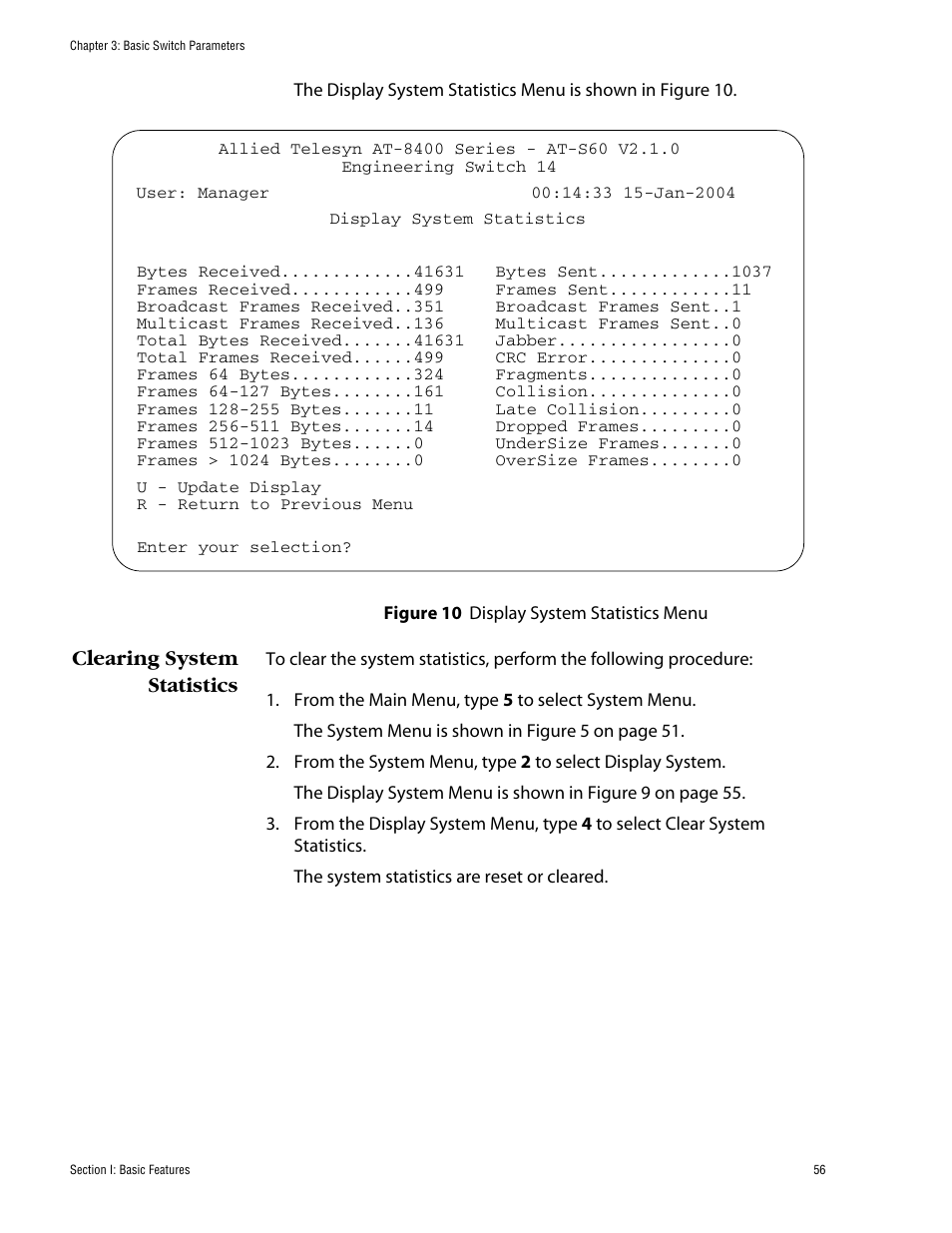 Clearing system statistics | Allied Telesis AT-S60 User Manual | Page 56 / 858