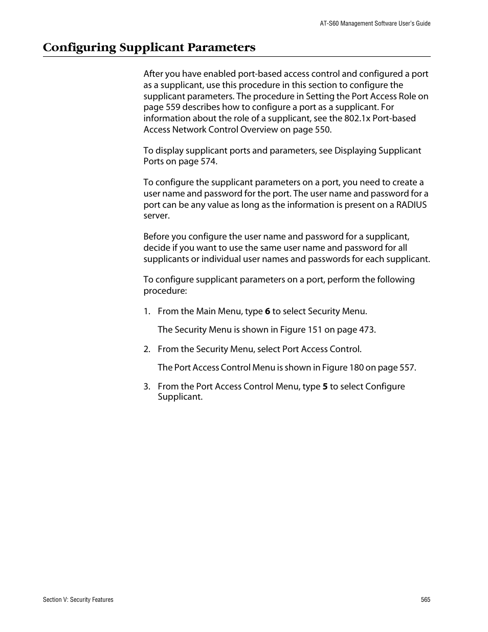 Configuring supplicant parameters | Allied Telesis AT-S60 User Manual | Page 565 / 858