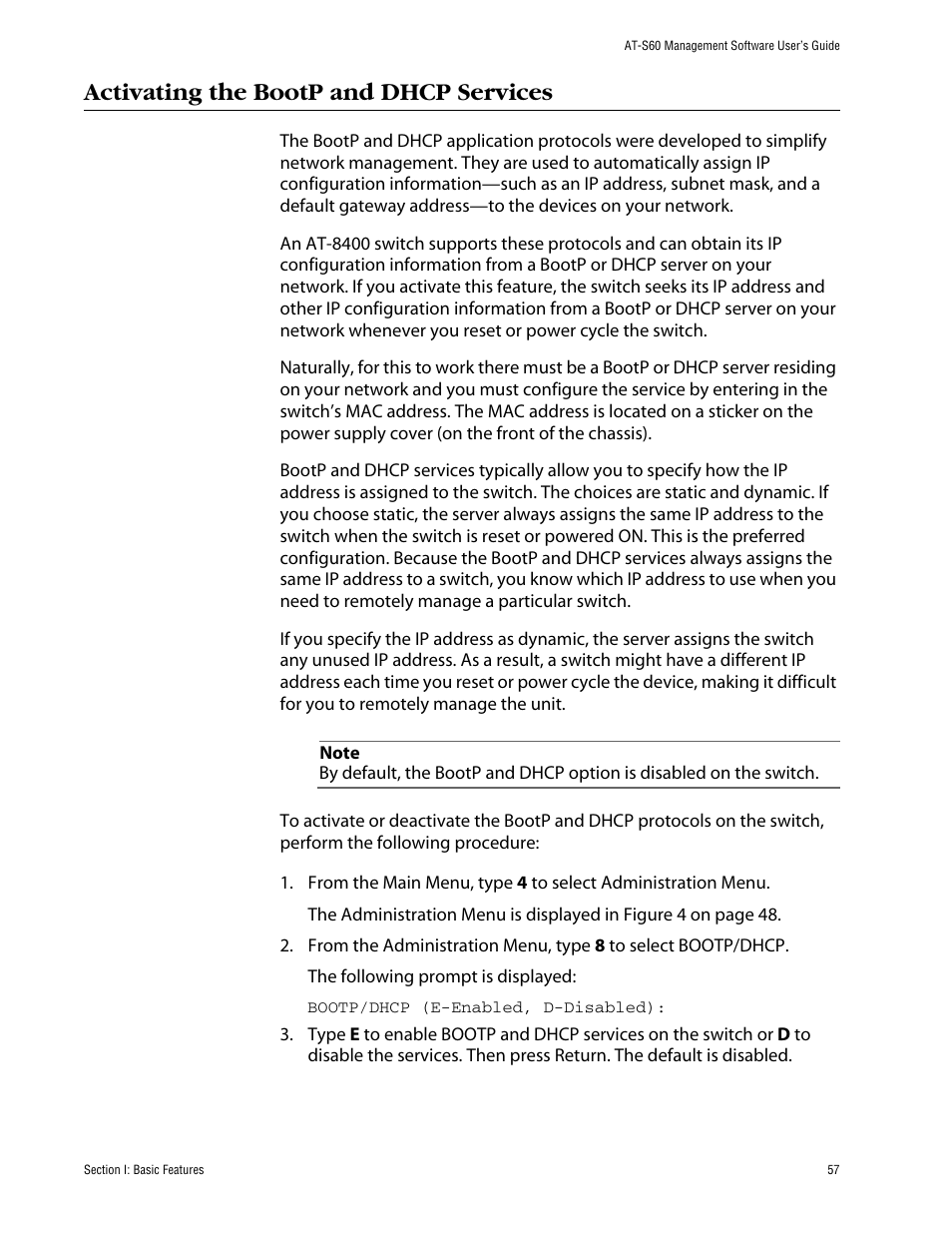 Activating the bootp and dhcp services | Allied Telesis AT-S60 User Manual | Page 57 / 858
