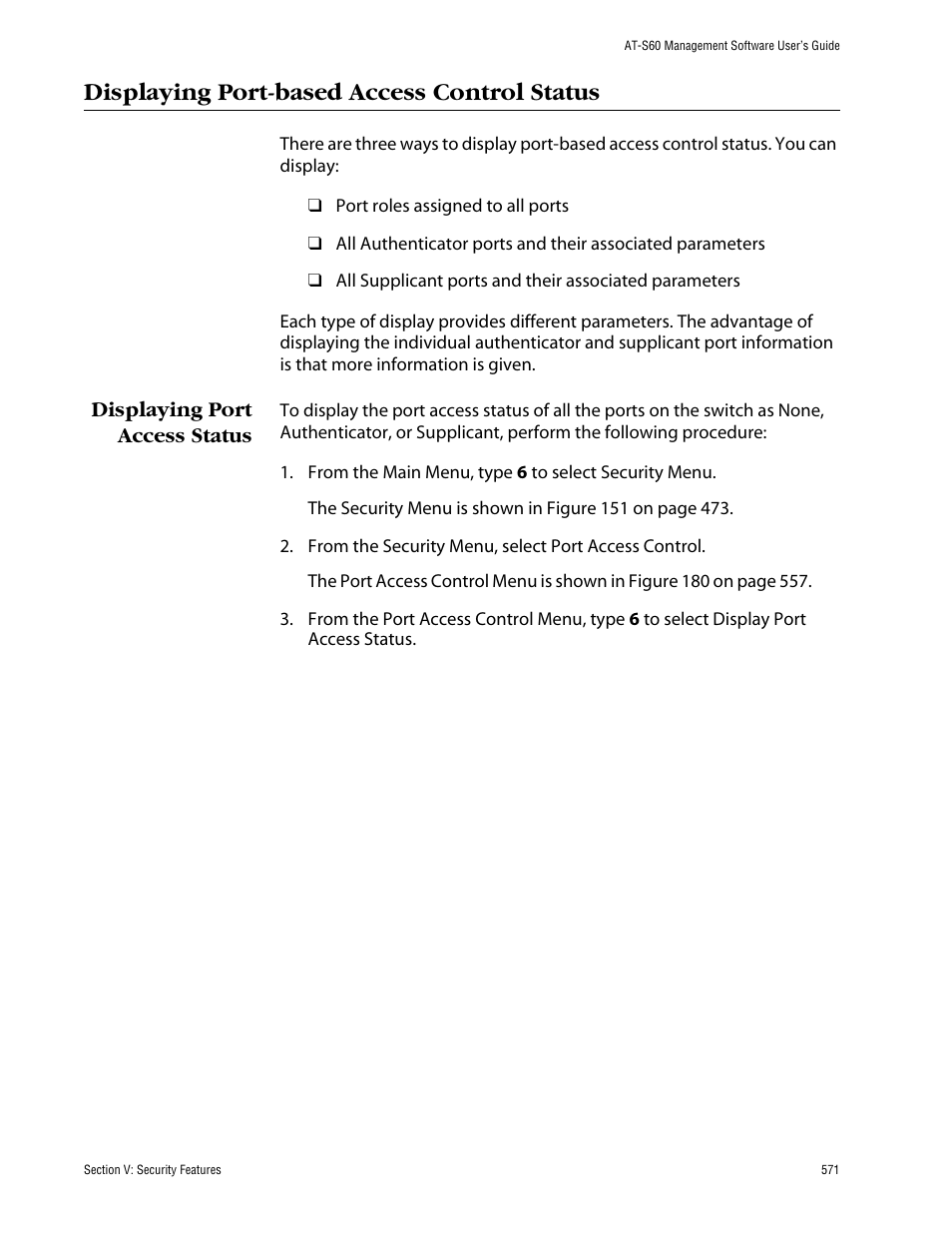 Displaying port-based access control status, Displaying port access status | Allied Telesis AT-S60 User Manual | Page 571 / 858
