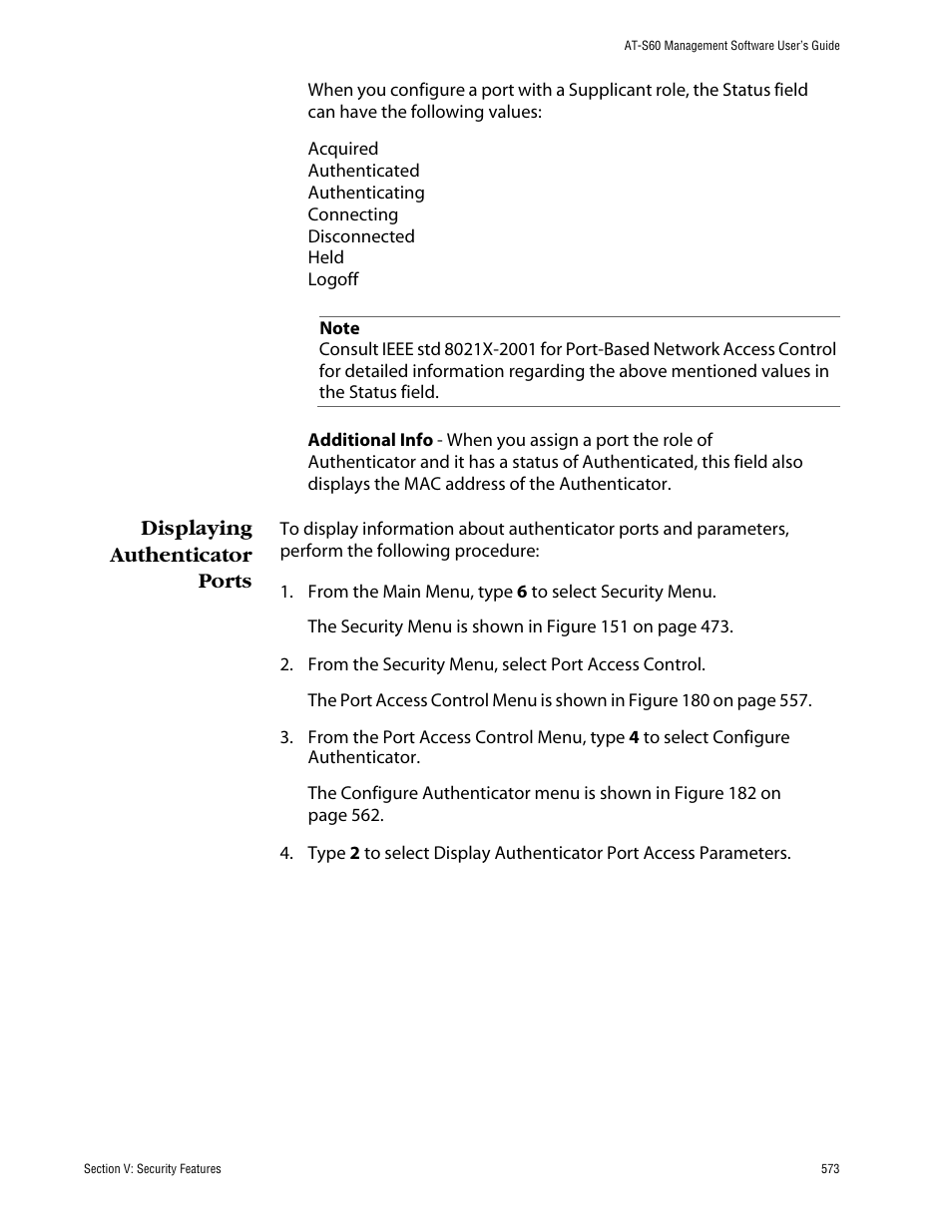 Displaying authenticator ports | Allied Telesis AT-S60 User Manual | Page 573 / 858
