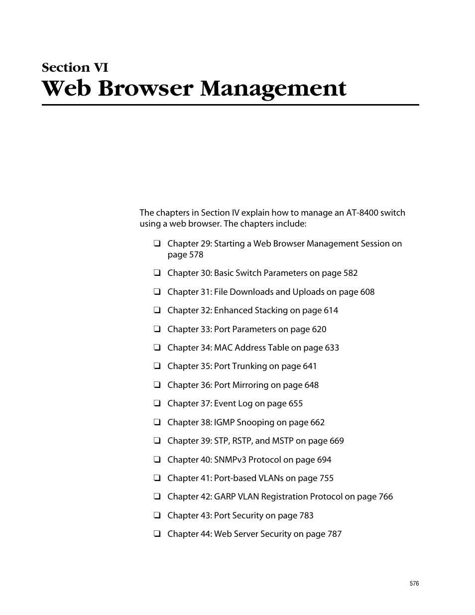 Section vi web browser management, Web browser management | Allied Telesis AT-S60 User Manual | Page 576 / 858