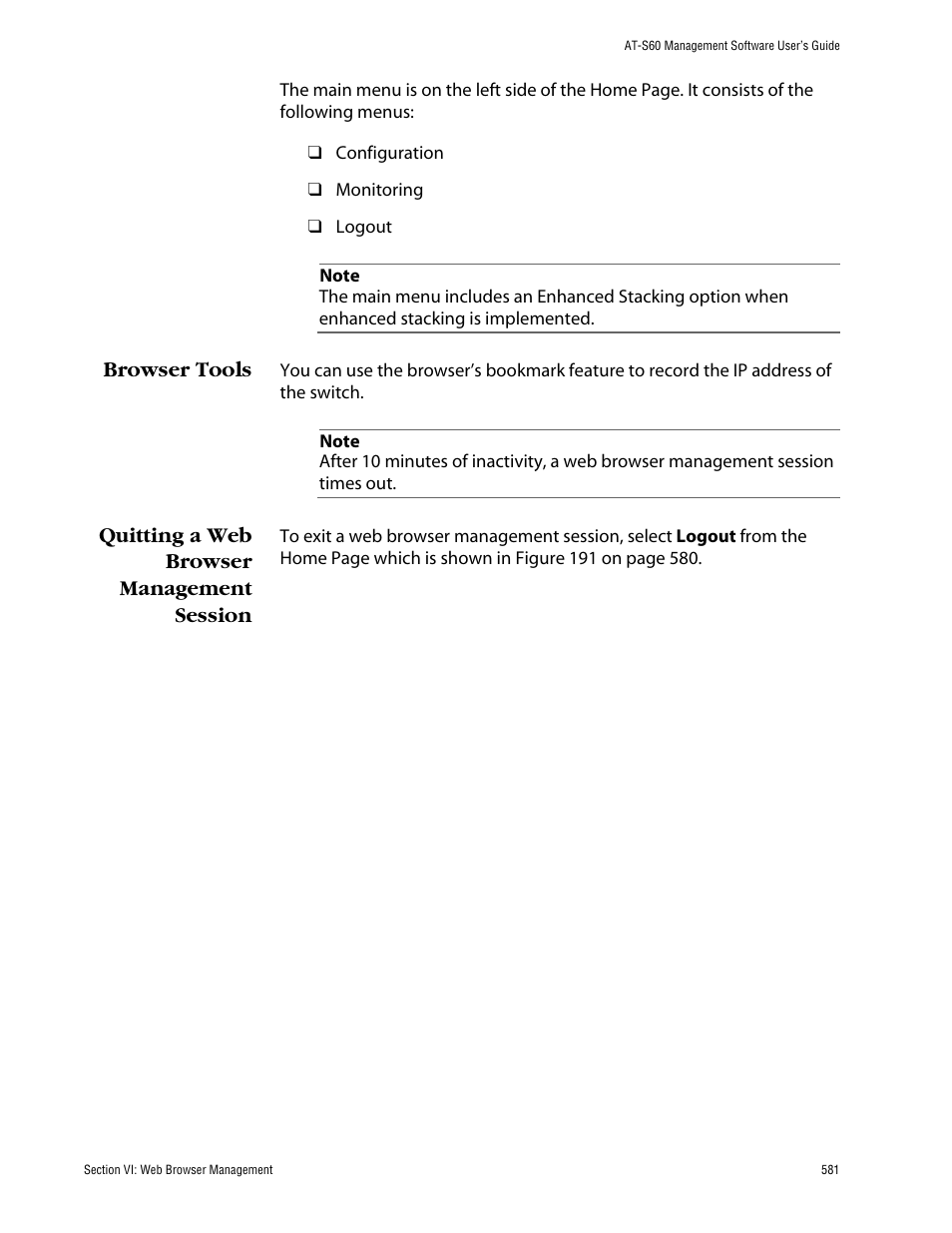 Browser tools, Quitting a web browser management session | Allied Telesis AT-S60 User Manual | Page 581 / 858