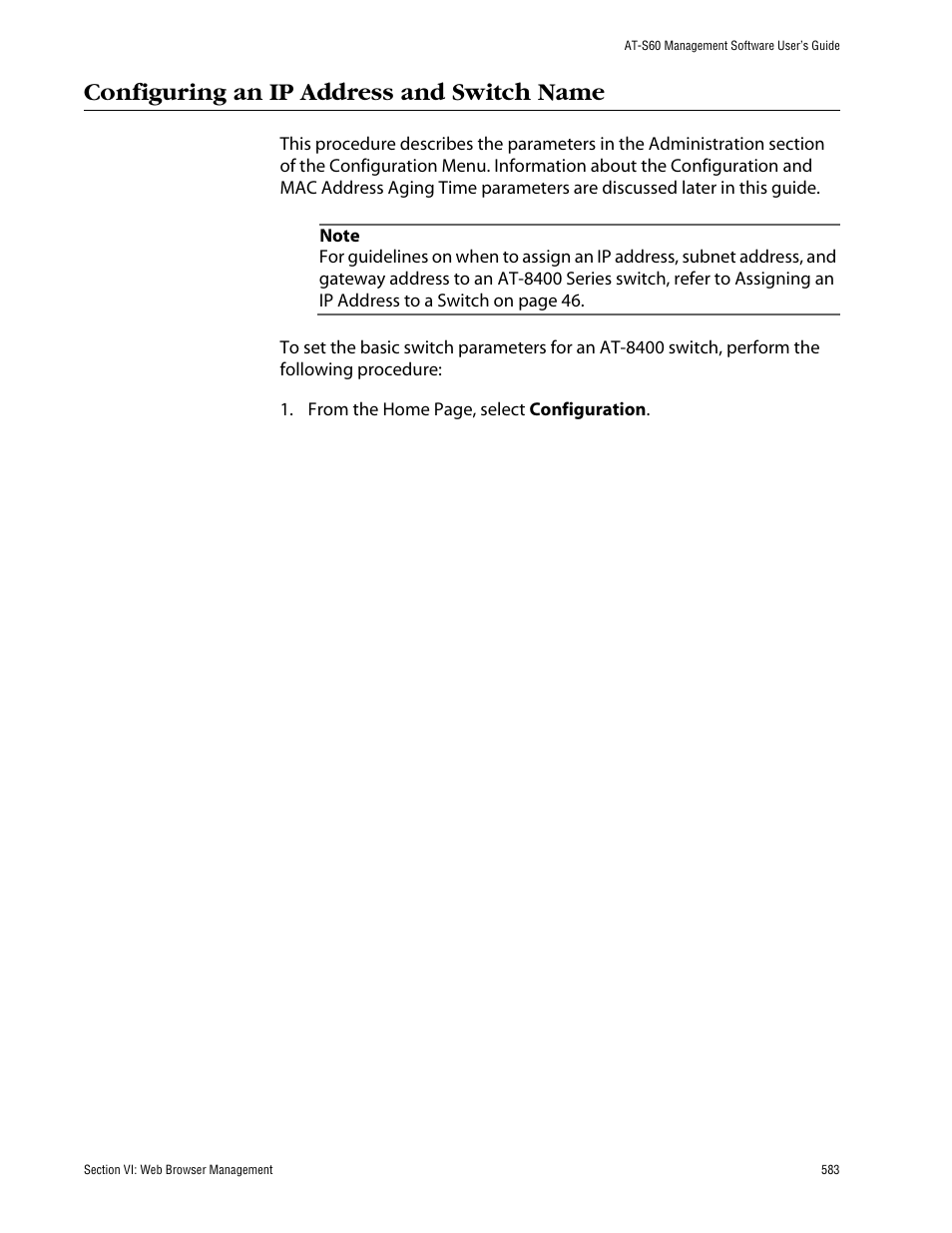 Configuring an ip address and switch name | Allied Telesis AT-S60 User Manual | Page 583 / 858