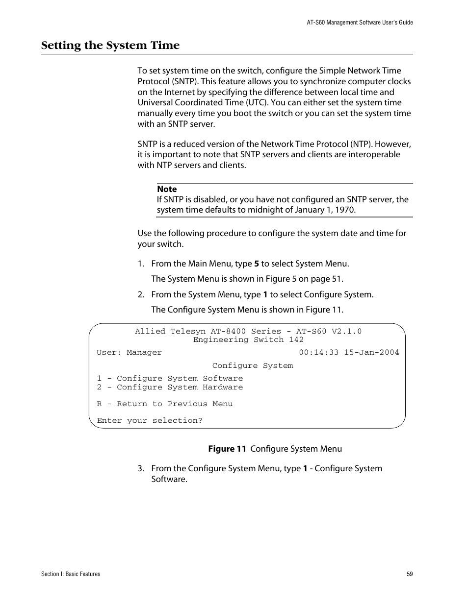 Setting the system time | Allied Telesis AT-S60 User Manual | Page 59 / 858