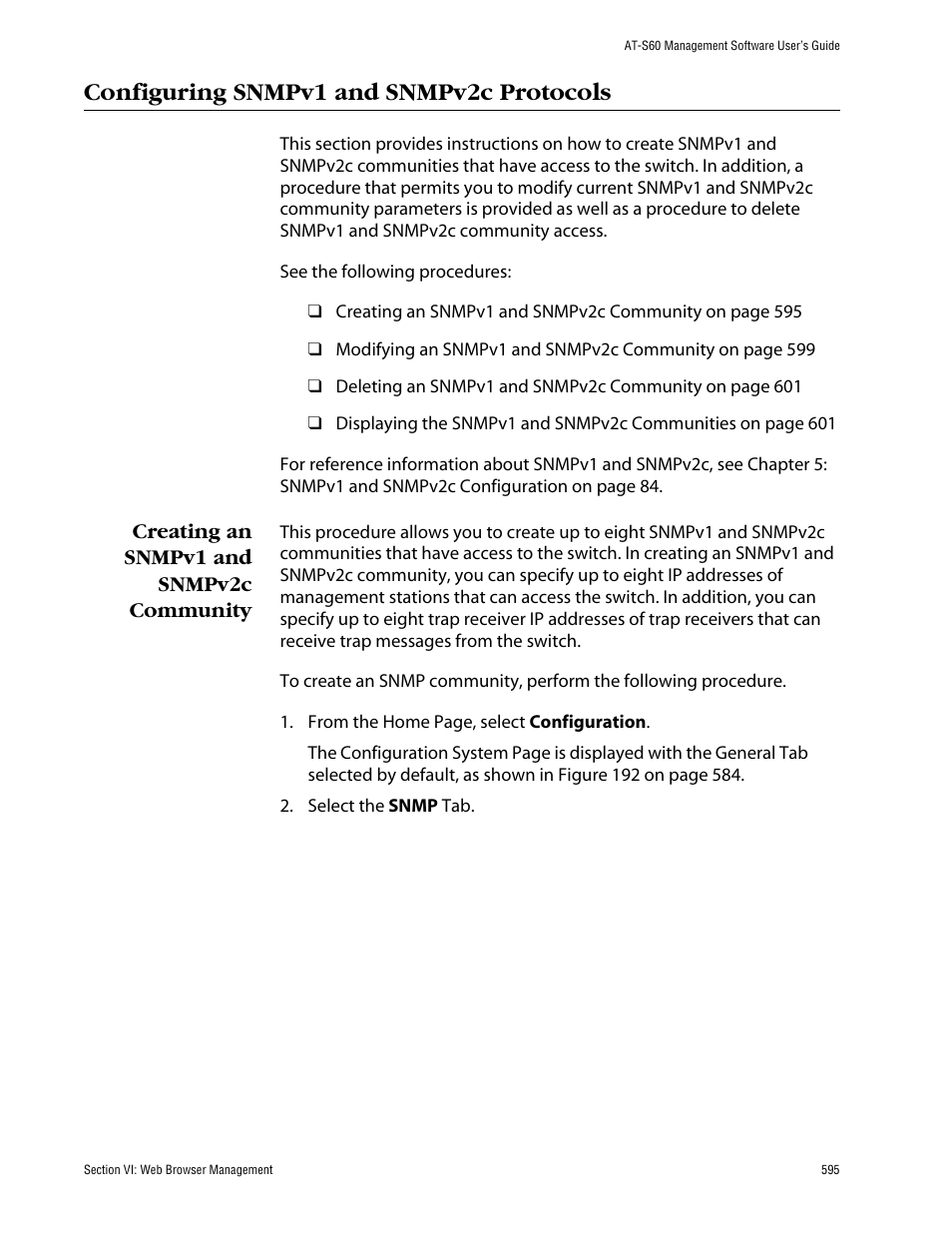 Configuring snmpv1 and snmpv2c protocols, Creating an snmpv1 and snmpv2c community | Allied Telesis AT-S60 User Manual | Page 595 / 858