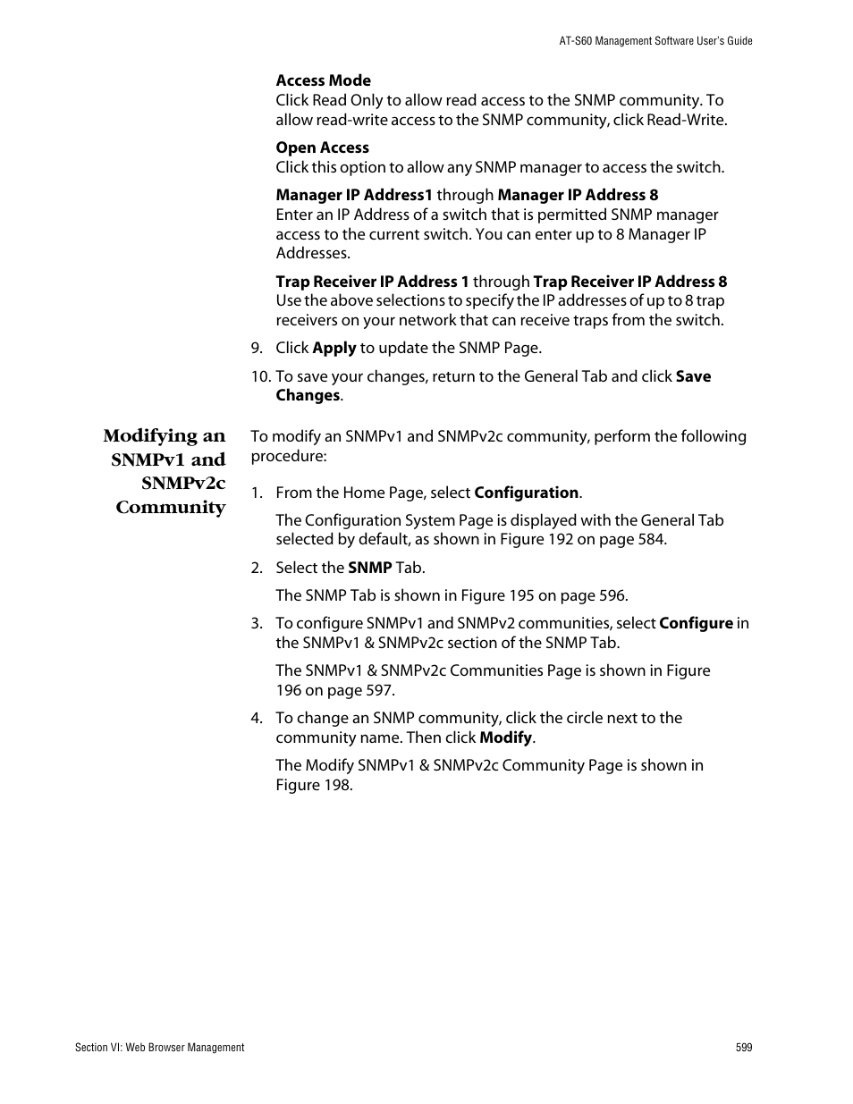 Modifying an snmpv1 and snmpv2c community | Allied Telesis AT-S60 User Manual | Page 599 / 858