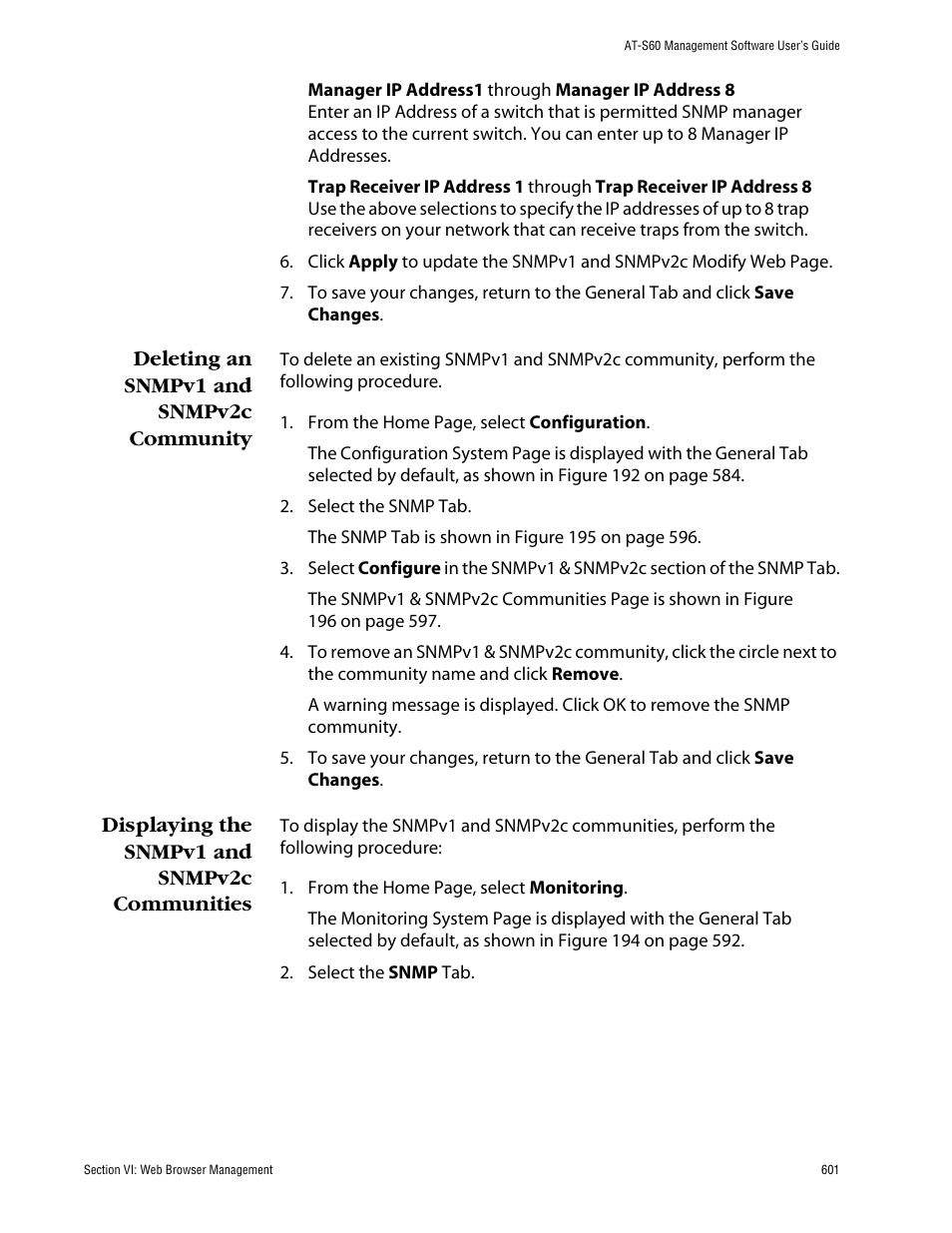 Deleting an snmpv1 and snmpv2c community, Displaying the snmpv1 and snmpv2c communities | Allied Telesis AT-S60 User Manual | Page 601 / 858