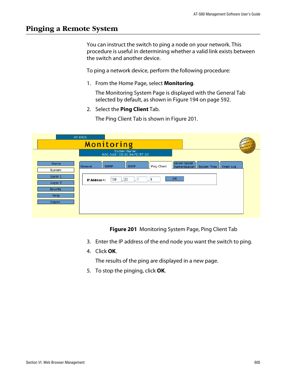Pinging a remote system | Allied Telesis AT-S60 User Manual | Page 605 / 858