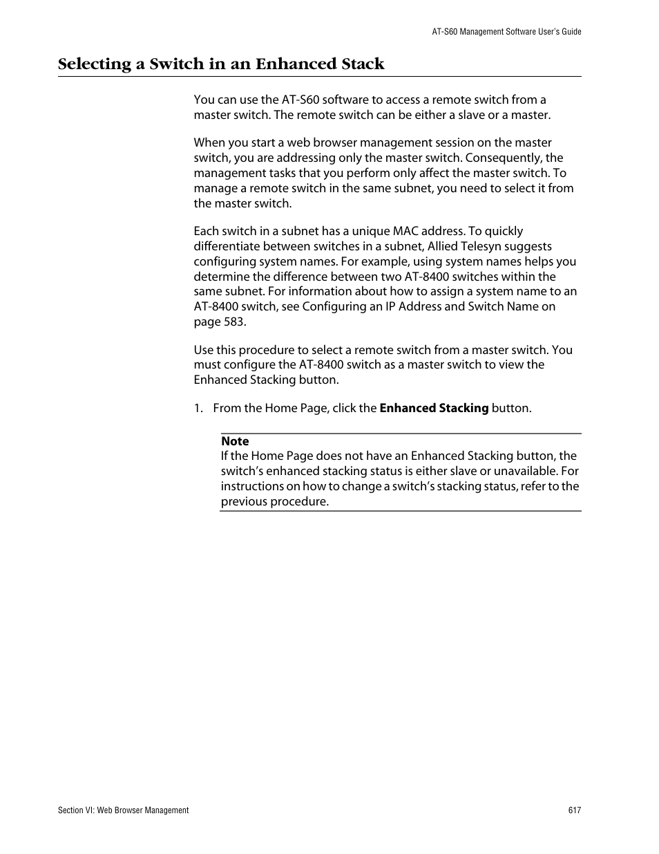 Selecting a switch in an enhanced stack | Allied Telesis AT-S60 User Manual | Page 617 / 858