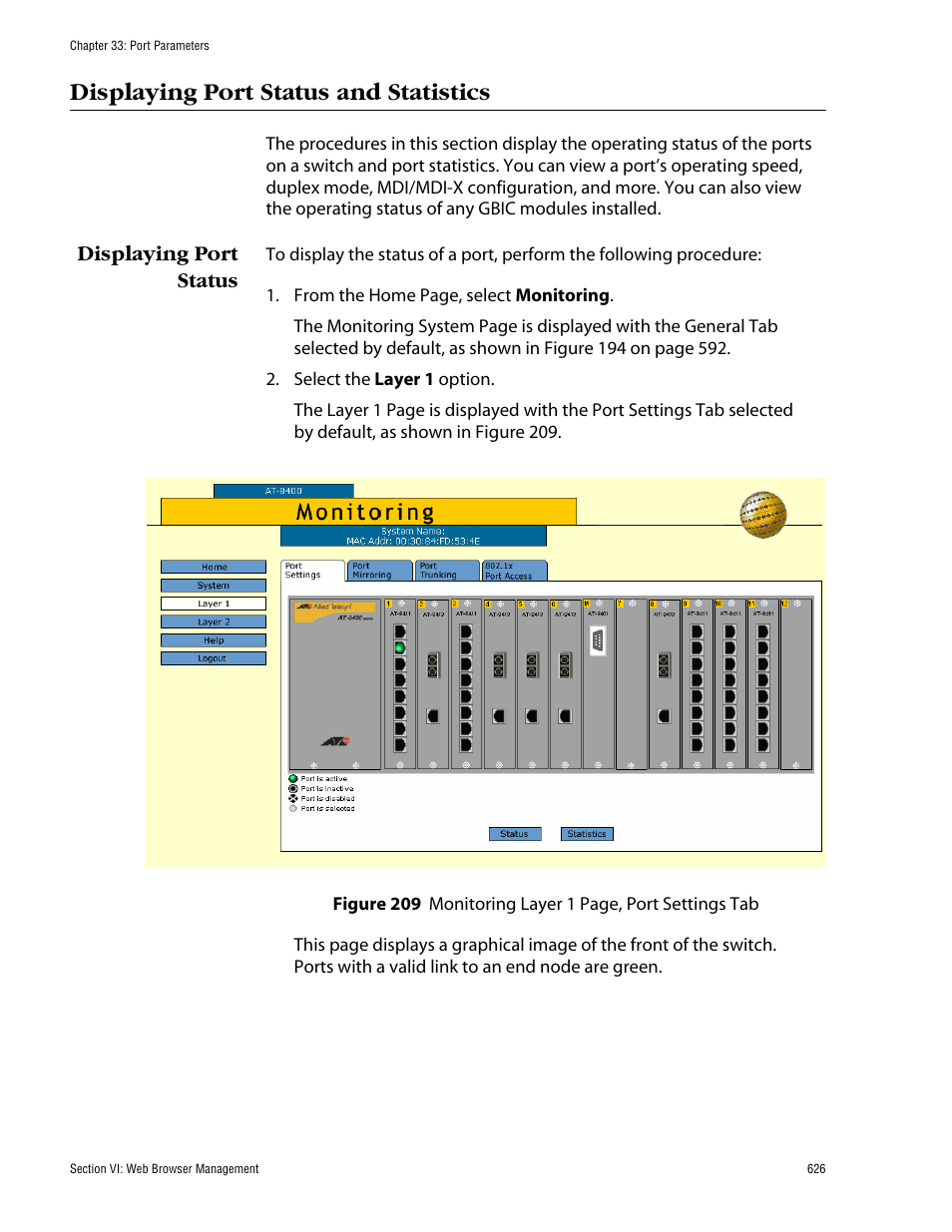 Displaying port status and statistics, Displaying port status | Allied Telesis AT-S60 User Manual | Page 626 / 858