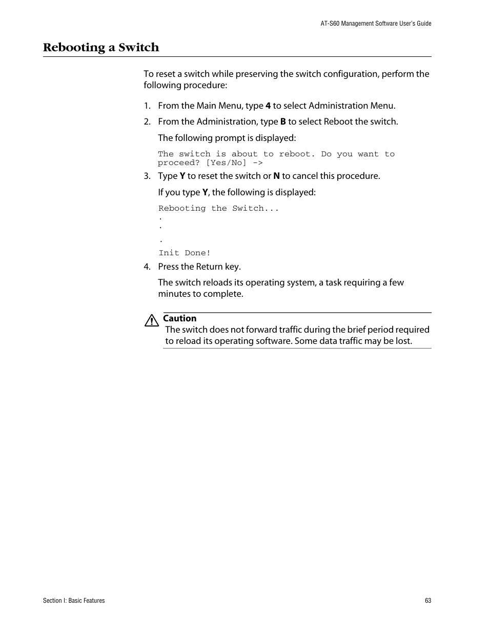 Rebooting a switch | Allied Telesis AT-S60 User Manual | Page 63 / 858