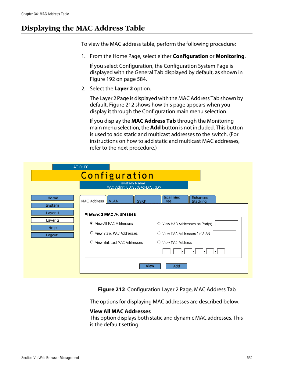 Displaying the mac address table | Allied Telesis AT-S60 User Manual | Page 634 / 858