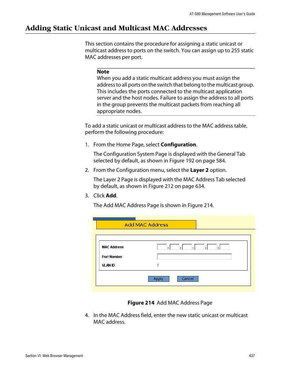 Adding static unicast and multicast mac addresses | Allied Telesis AT-S60 User Manual | Page 637 / 858