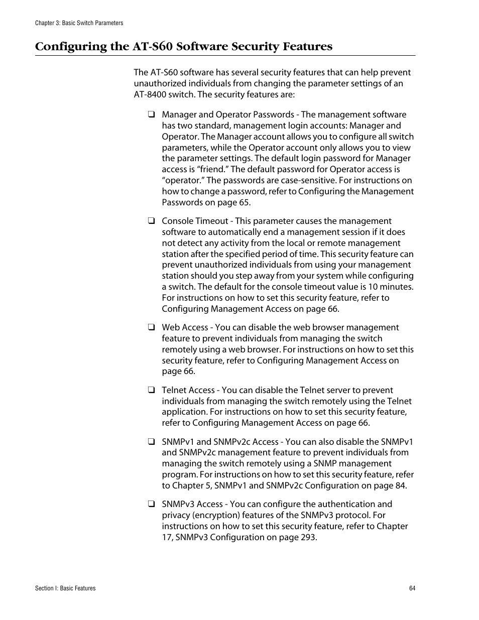 Configuring the at-s60 software security features | Allied Telesis AT-S60 User Manual | Page 64 / 858