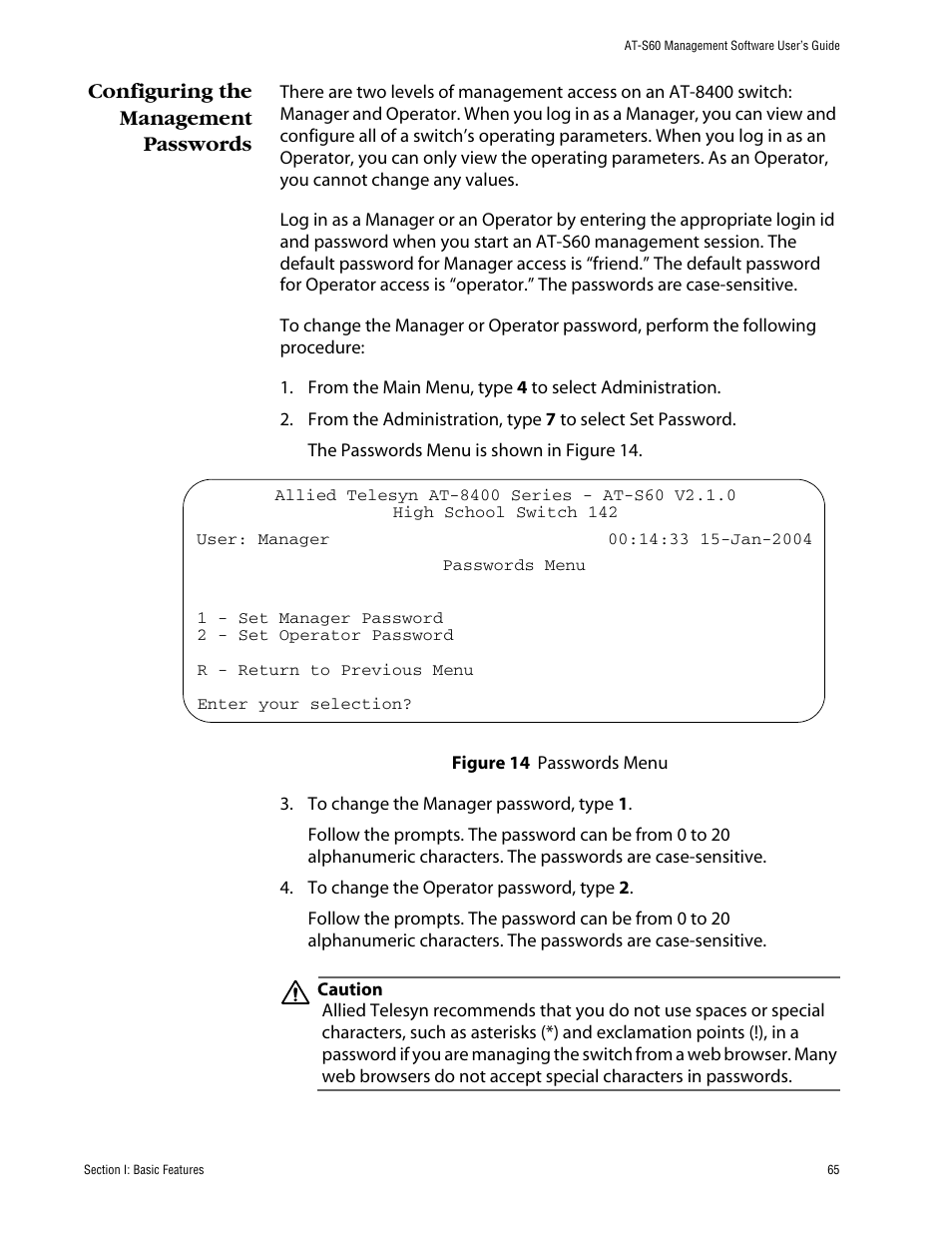 Configuring the management passwords | Allied Telesis AT-S60 User Manual | Page 65 / 858
