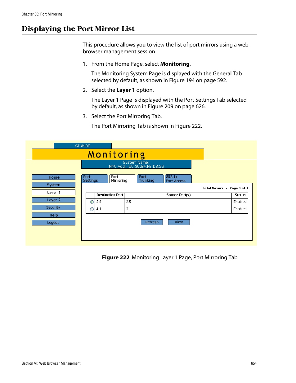 Displaying the port mirror list | Allied Telesis AT-S60 User Manual | Page 654 / 858