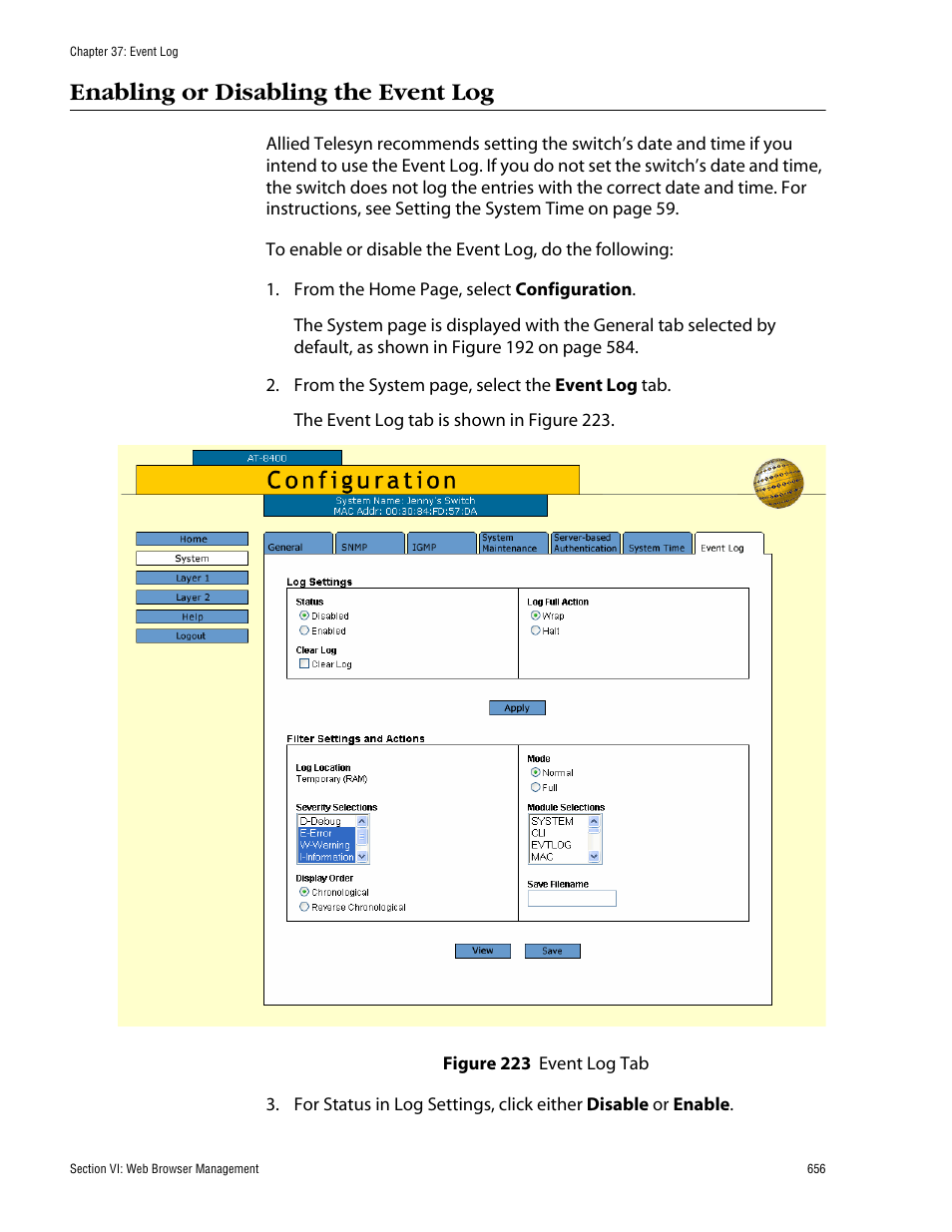 Enabling or disabling the event log, Figure 223: event log tab | Allied Telesis AT-S60 User Manual | Page 656 / 858