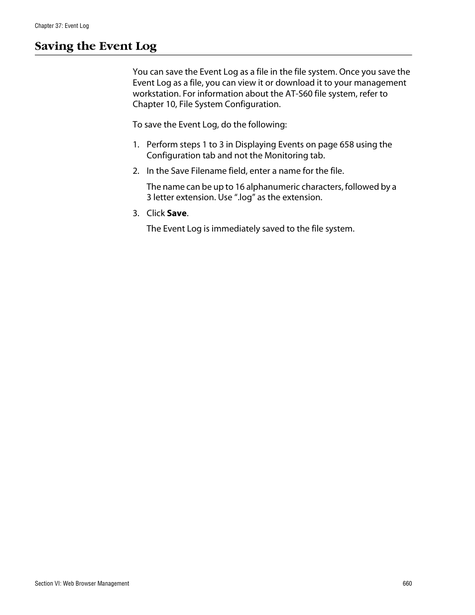 Saving the event log | Allied Telesis AT-S60 User Manual | Page 660 / 858