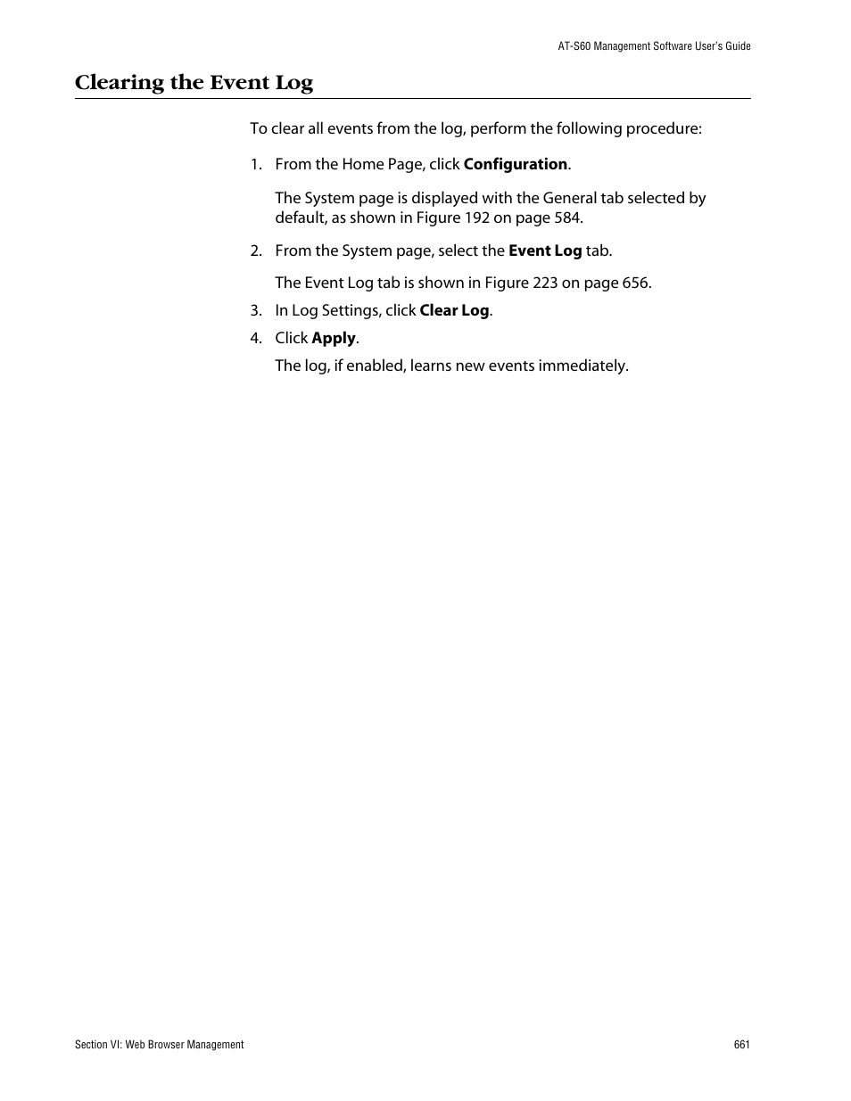 Clearing the event log | Allied Telesis AT-S60 User Manual | Page 661 / 858