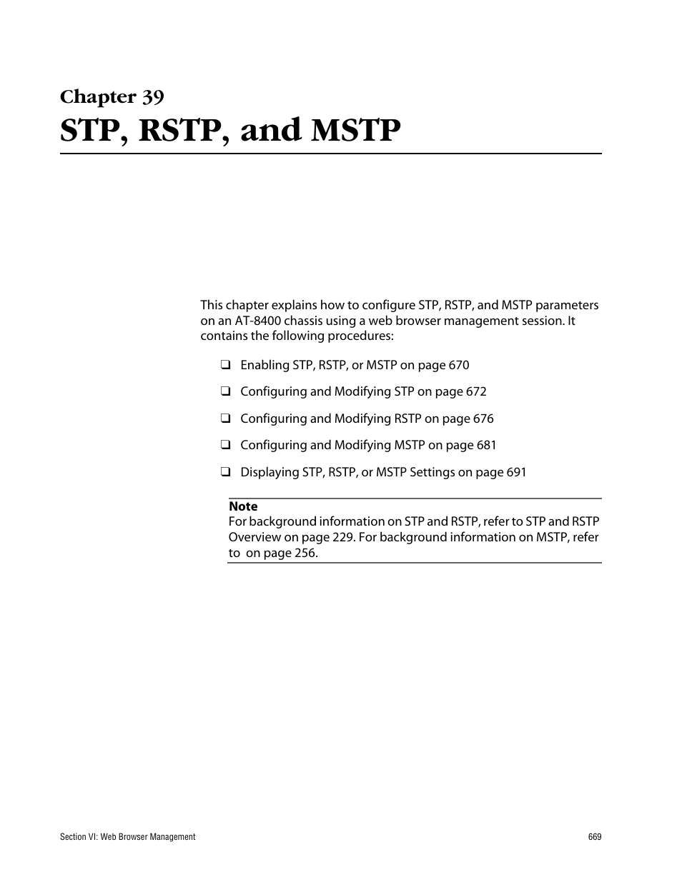 Chapter 39, Stp, rstp, and mstp | Allied Telesis AT-S60 User Manual | Page 669 / 858