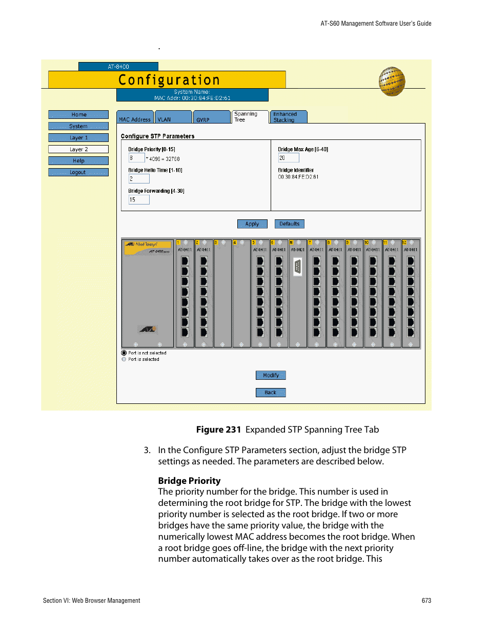 Figure 231: expanded stp spanning tree tab | Allied Telesis AT-S60 User Manual | Page 673 / 858