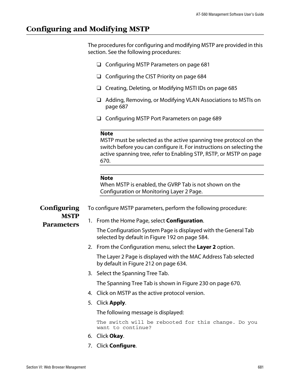 Configuring and modifying mstp, Configuring mstp parameters | Allied Telesis AT-S60 User Manual | Page 681 / 858