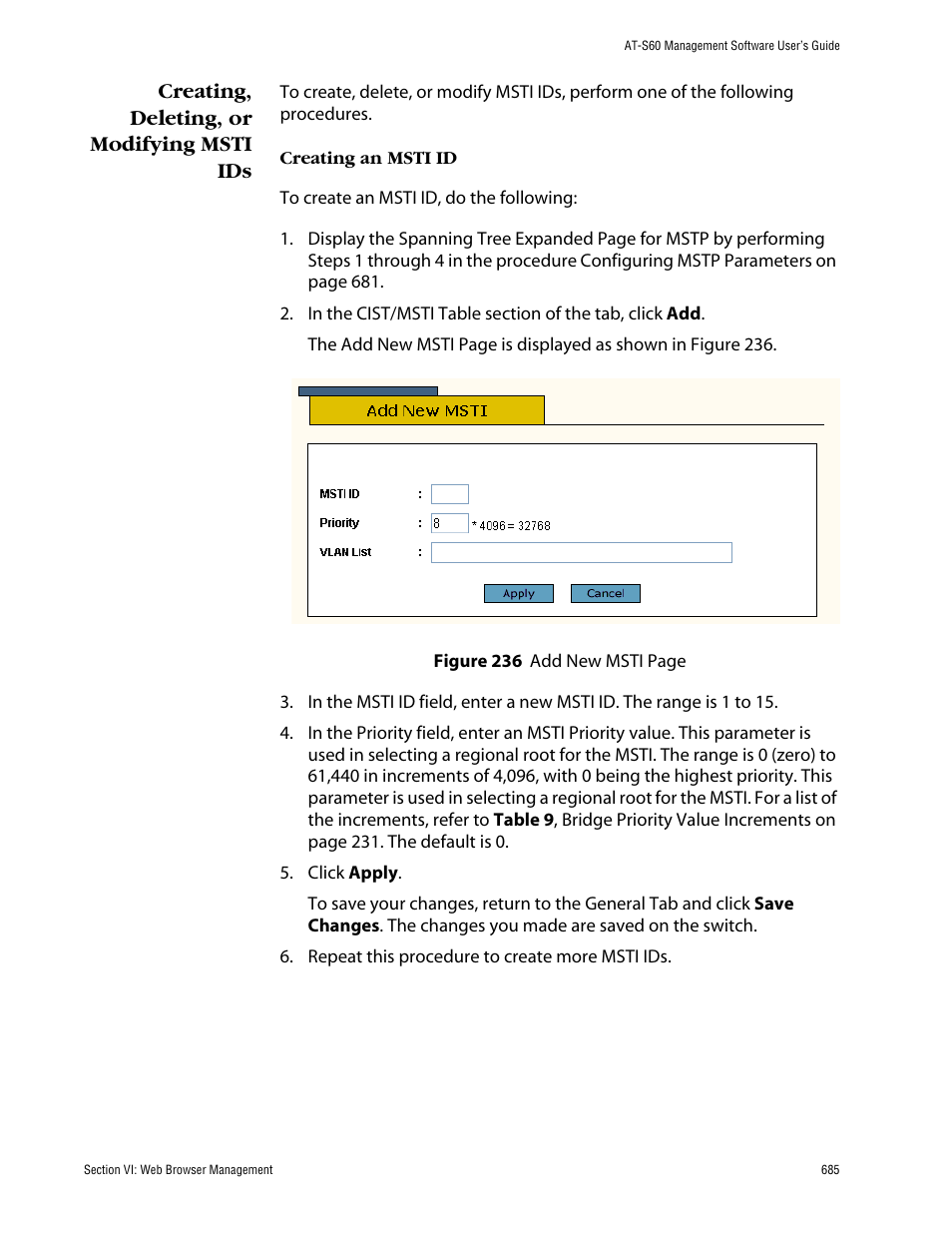 Creating, deleting, or modifying msti ids | Allied Telesis AT-S60 User Manual | Page 685 / 858