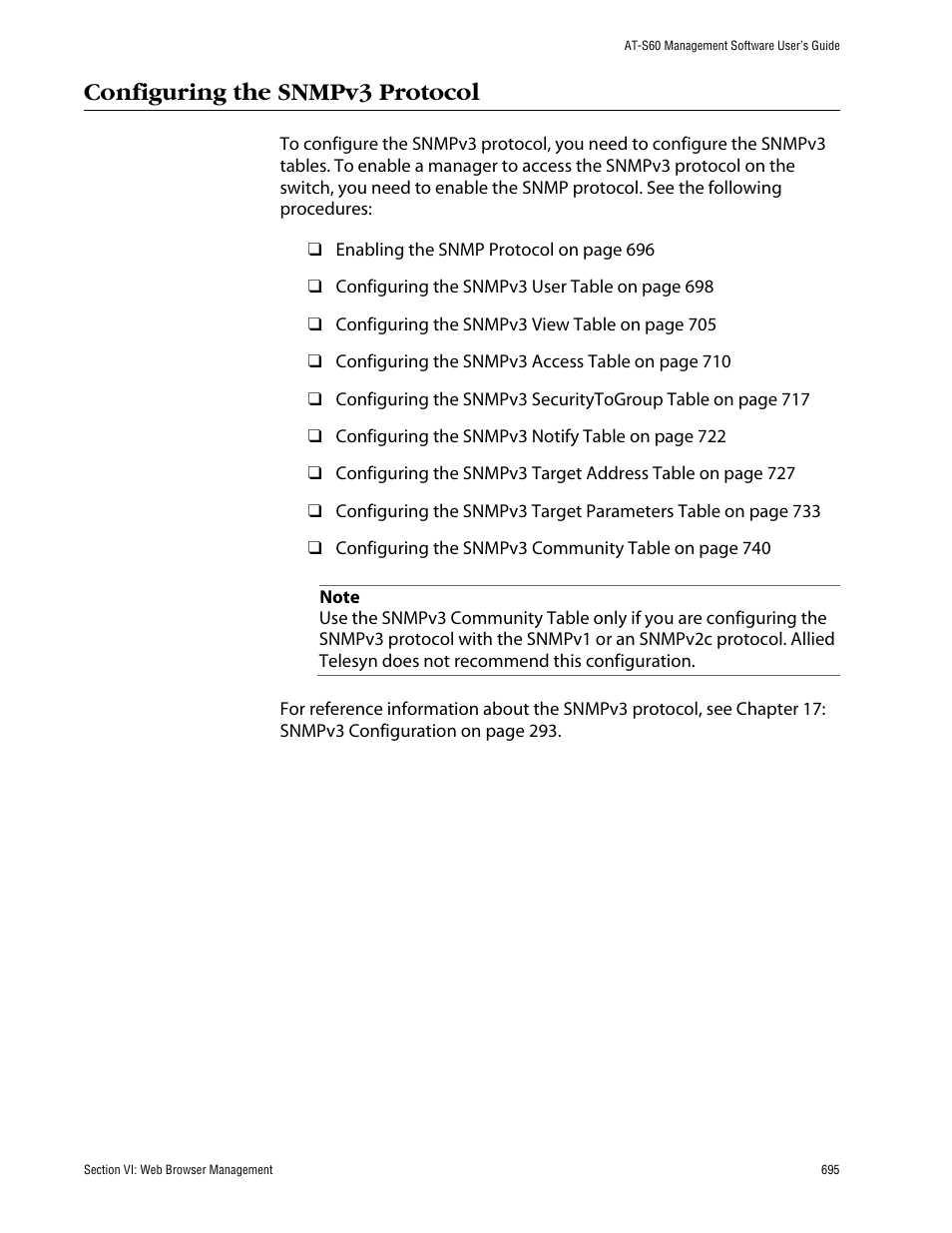 Configuring the snmpv3 protocol | Allied Telesis AT-S60 User Manual | Page 695 / 858
