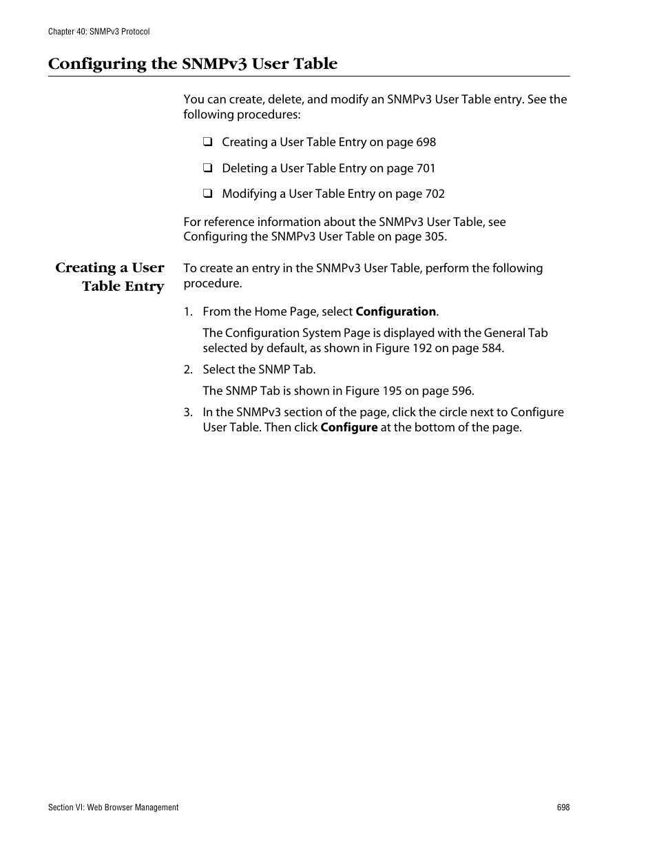 Configuring the snmpv3 user table, Creating a user table entry | Allied Telesis AT-S60 User Manual | Page 698 / 858