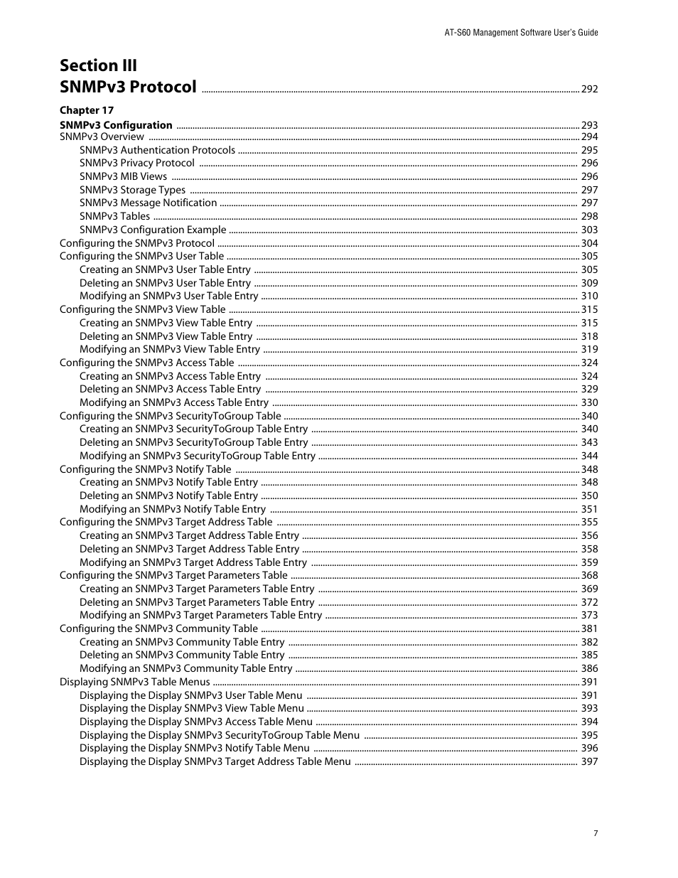 Section iii, Snmpv3 protocol 292 | Allied Telesis AT-S60 User Manual | Page 7 / 858