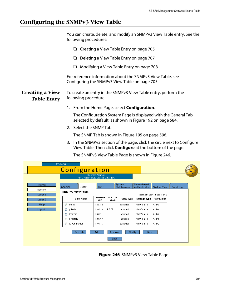 Configuring the snmpv3 view table, Creating a view table entry | Allied Telesis AT-S60 User Manual | Page 705 / 858