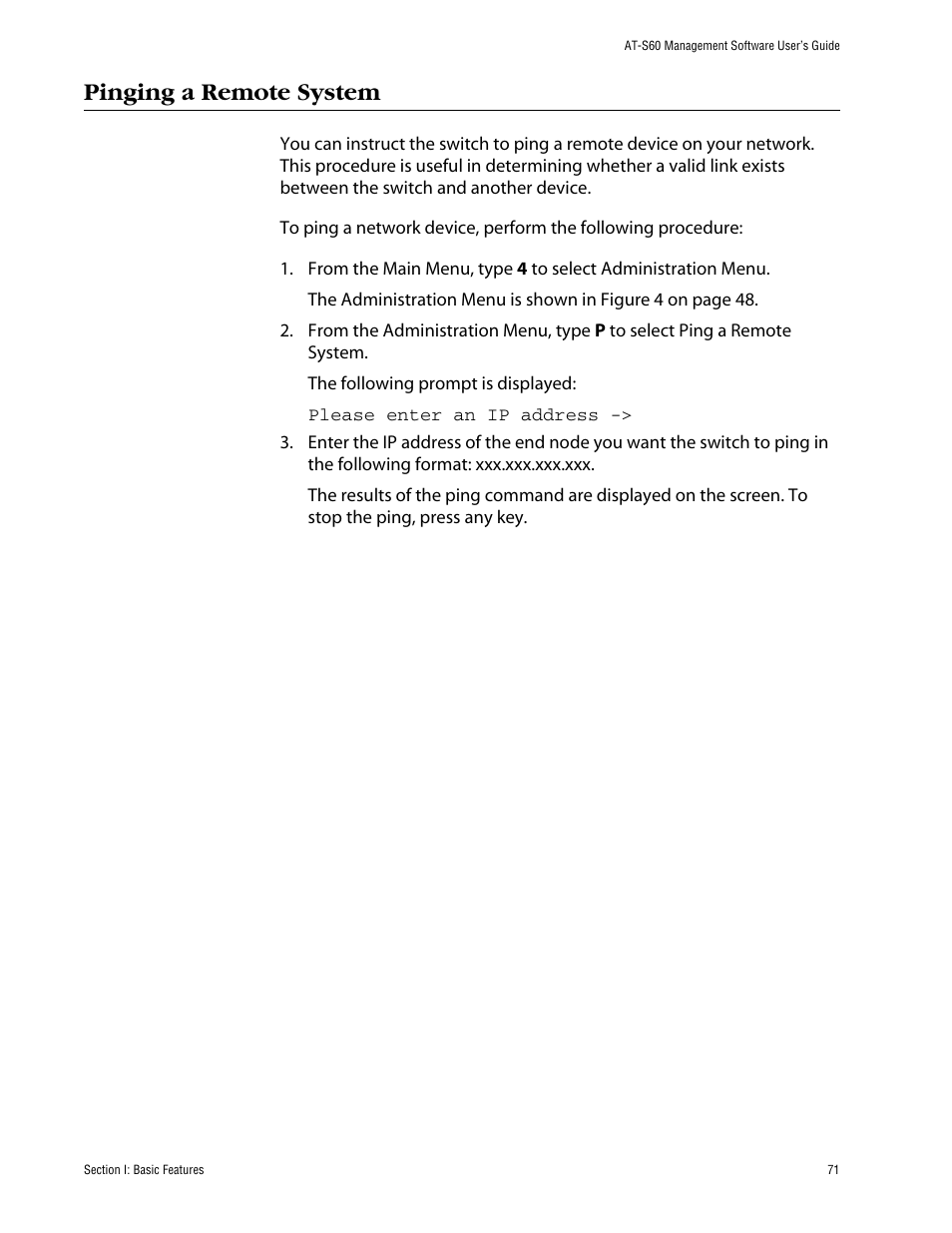 Pinging a remote system | Allied Telesis AT-S60 User Manual | Page 71 / 858