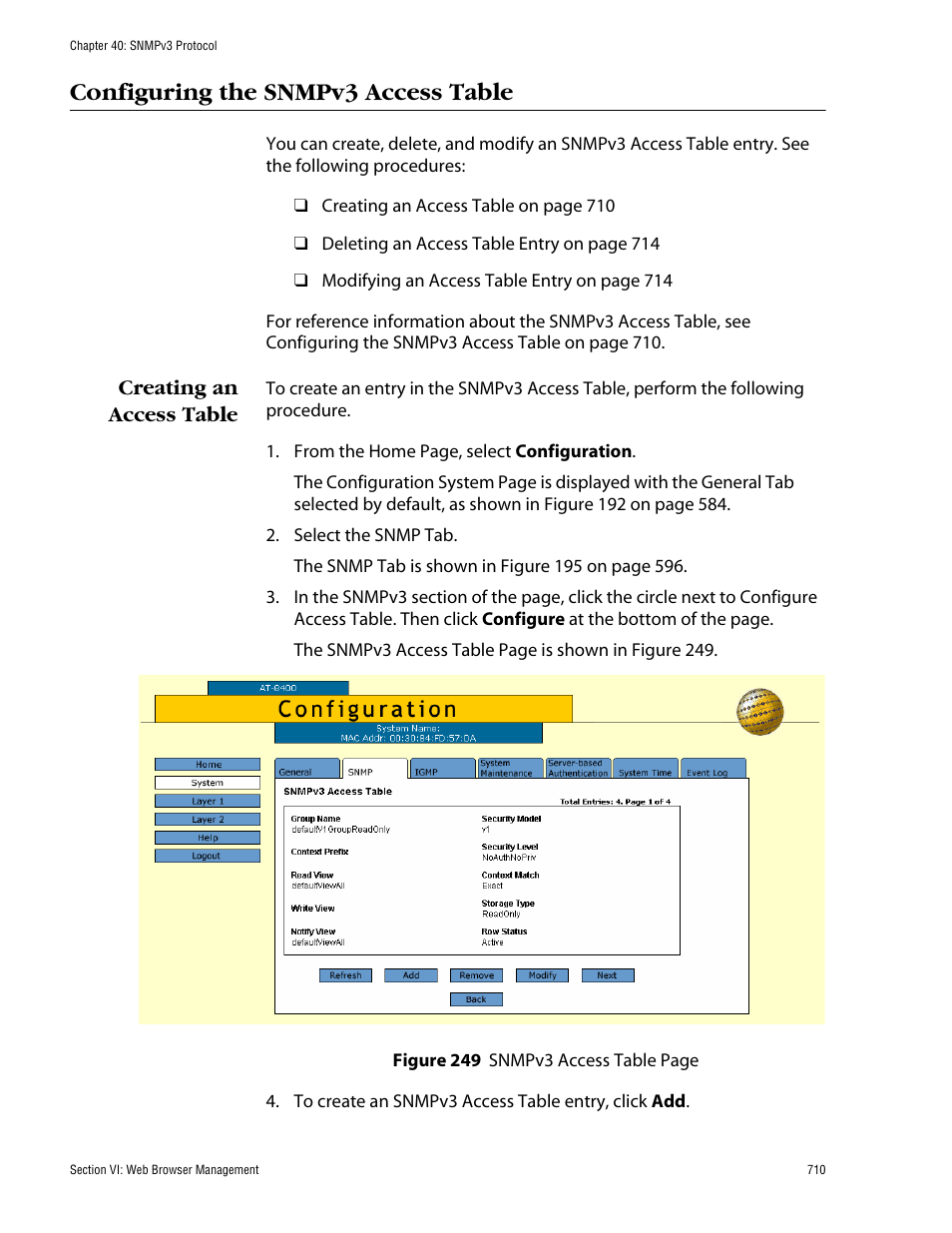 Configuring the snmpv3 access table, Creating an access table | Allied Telesis AT-S60 User Manual | Page 710 / 858