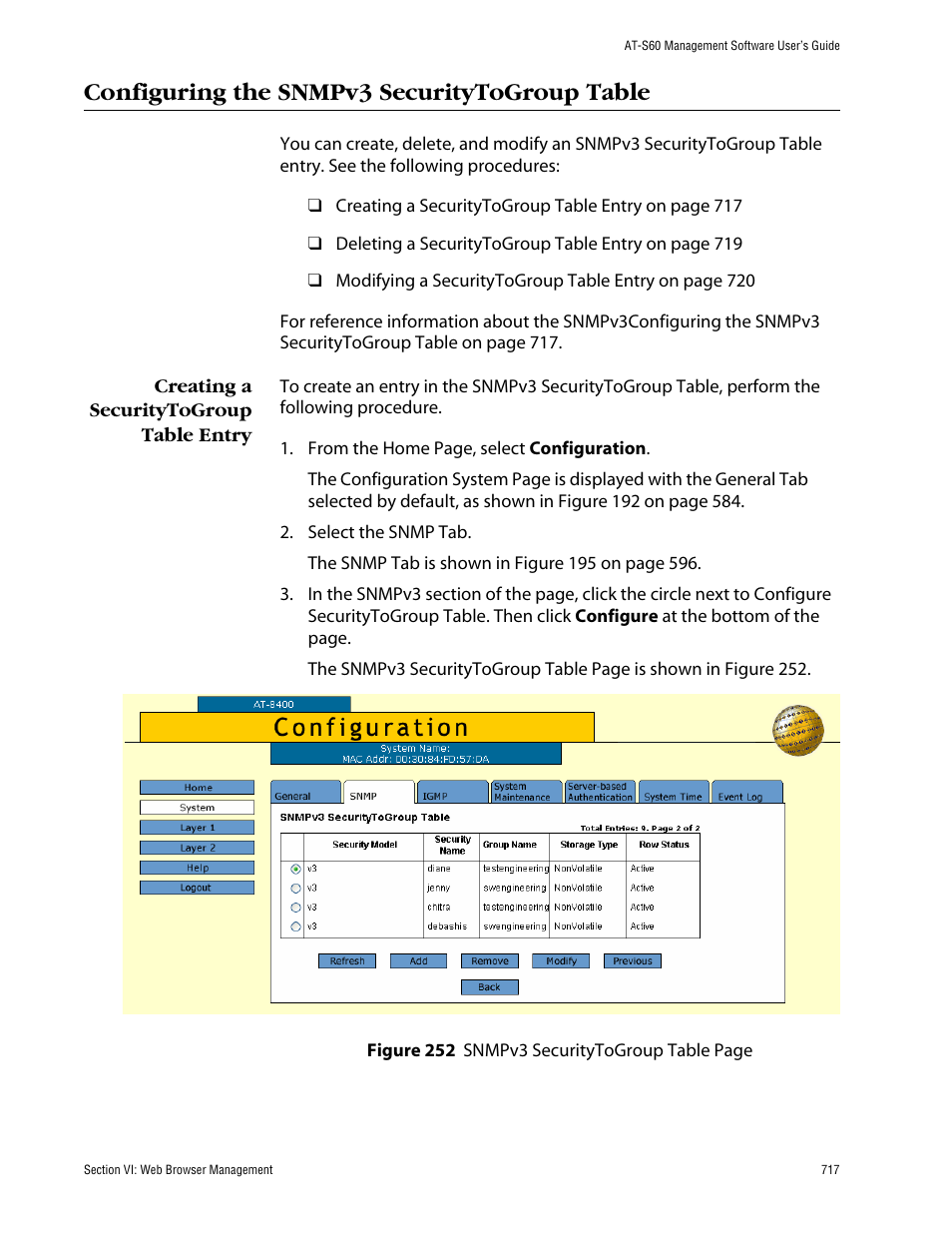 Configuring the snmpv3 securitytogroup table, Creating a securitytogroup table entry | Allied Telesis AT-S60 User Manual | Page 717 / 858