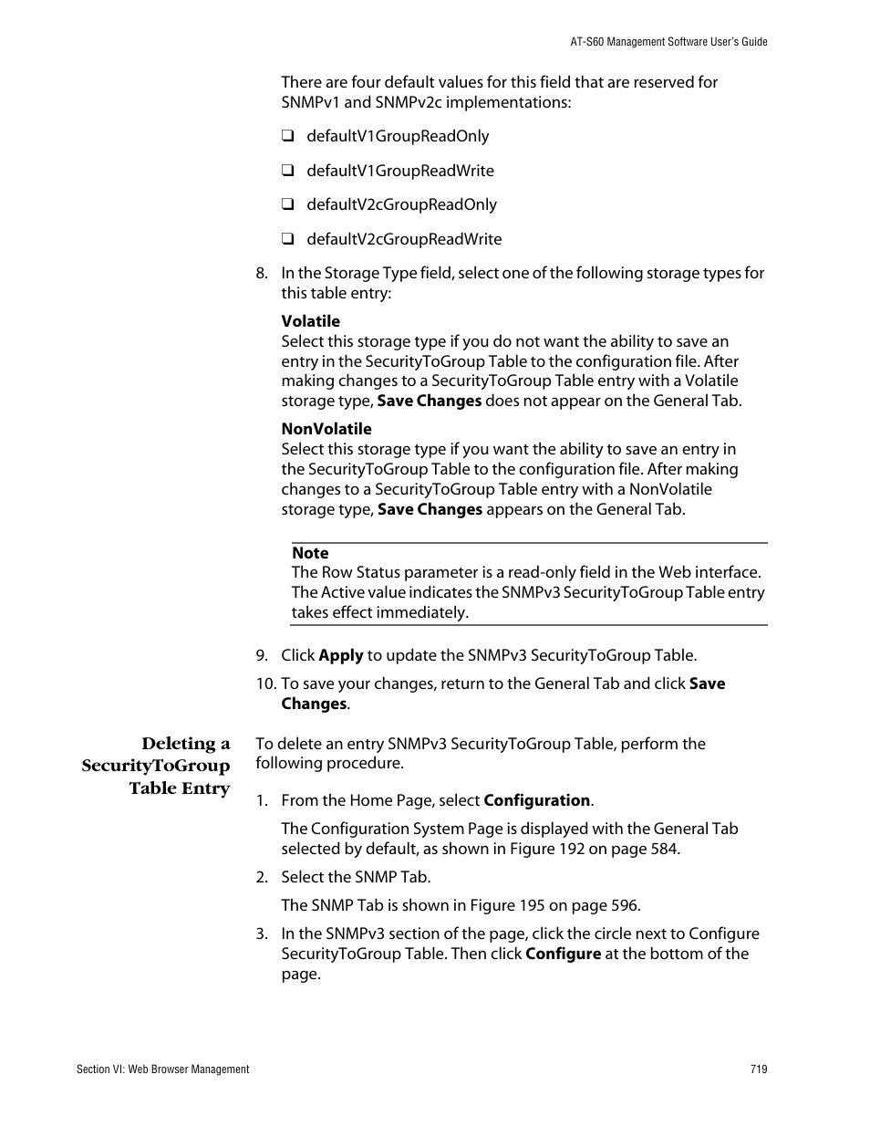Deleting a securitytogroup table entry | Allied Telesis AT-S60 User Manual | Page 719 / 858