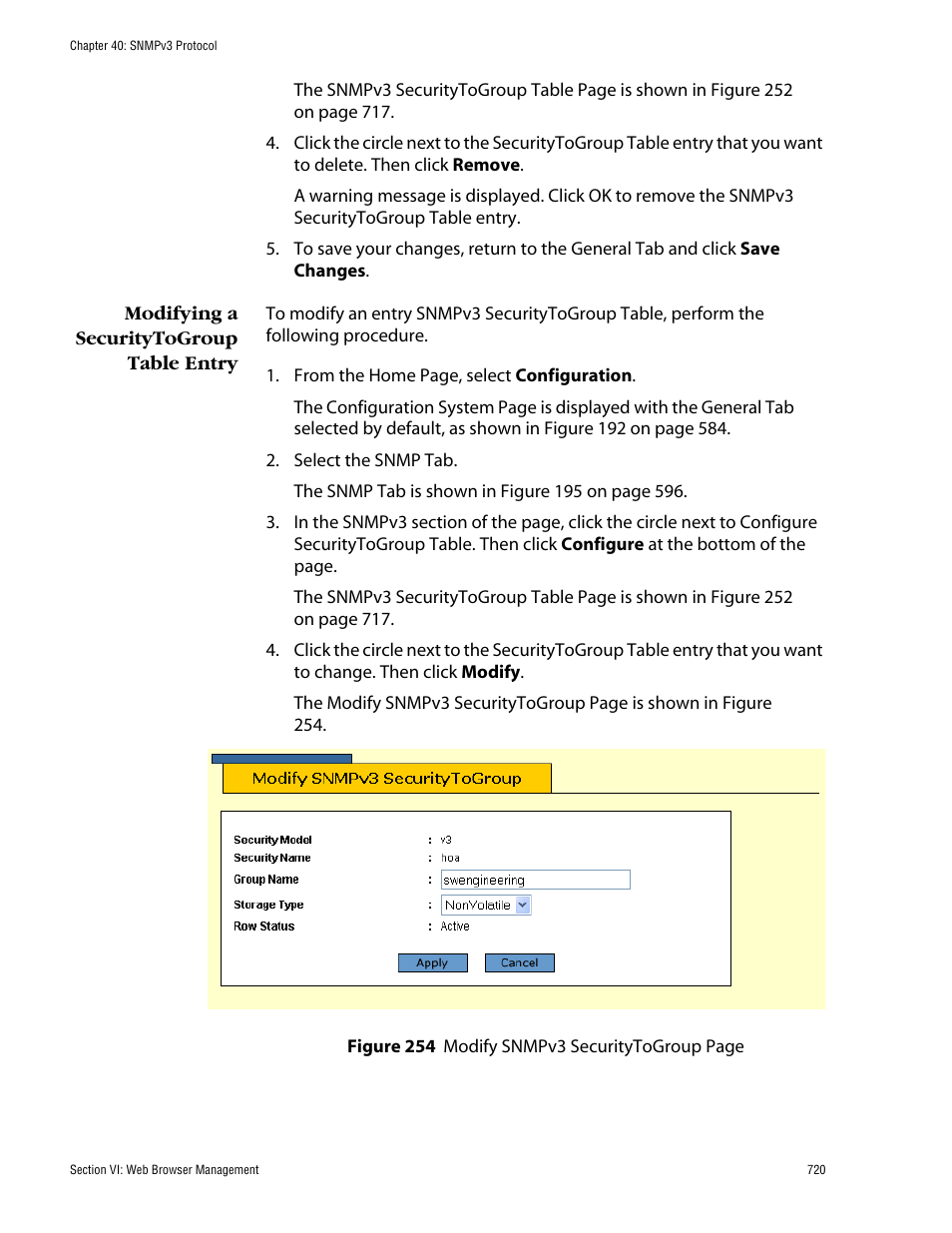 Modifying a securitytogroup table entry | Allied Telesis AT-S60 User Manual | Page 720 / 858