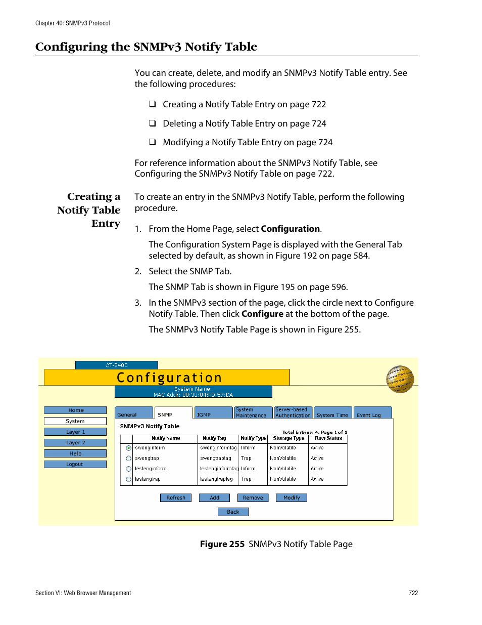 Configuring the snmpv3 notify table, Creating a notify table entry | Allied Telesis AT-S60 User Manual | Page 722 / 858