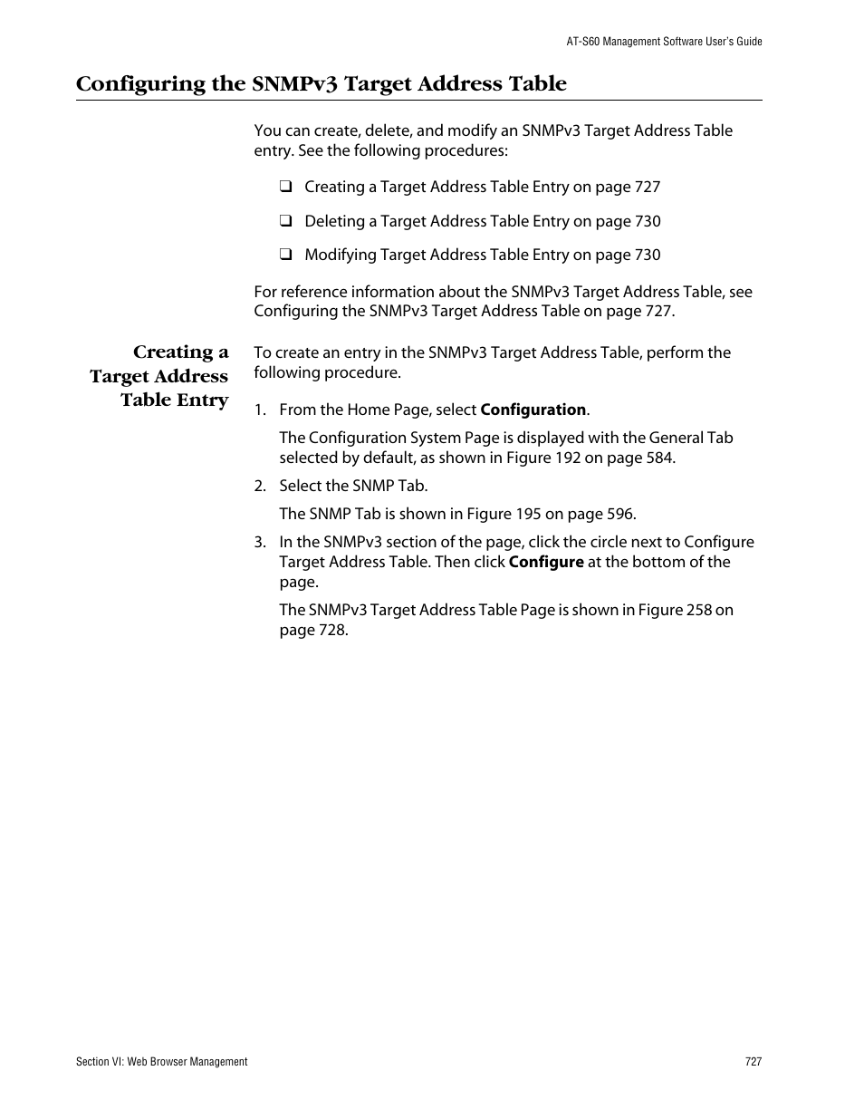 Configuring the snmpv3 target address table, Creating a target address table entry | Allied Telesis AT-S60 User Manual | Page 727 / 858