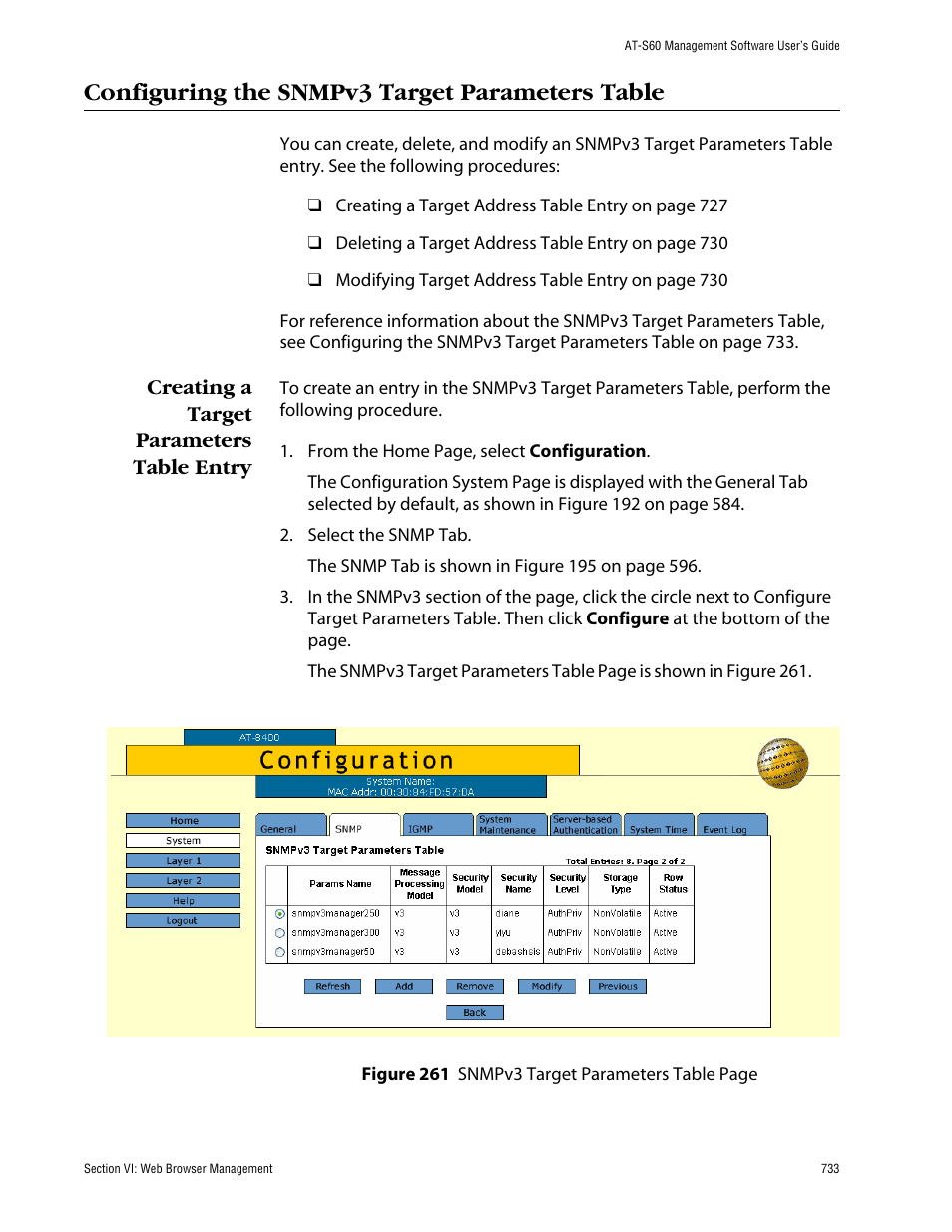Configuring the snmpv3 target parameters table, Creating a target parameters table entry | Allied Telesis AT-S60 User Manual | Page 733 / 858