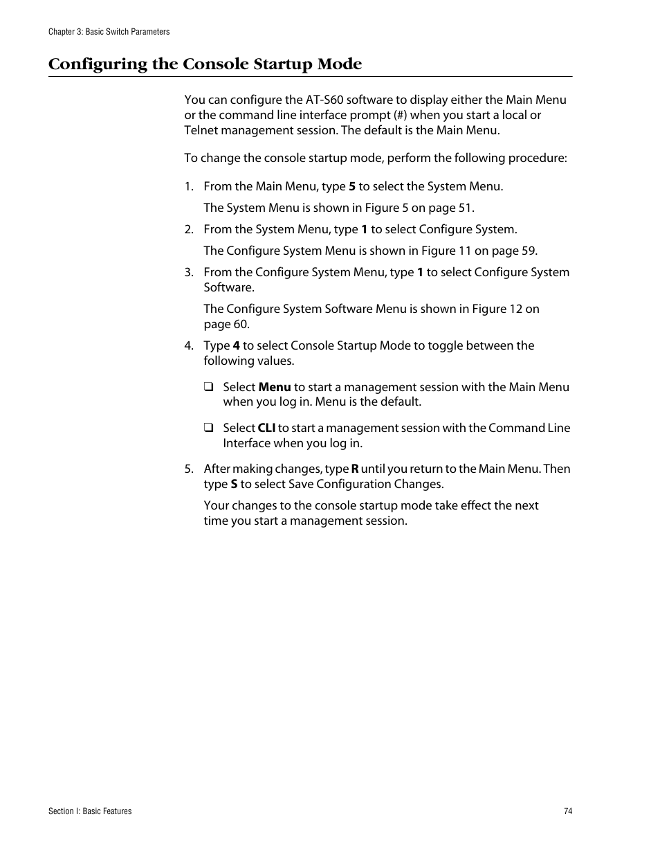 Configuring the console startup mode | Allied Telesis AT-S60 User Manual | Page 74 / 858
