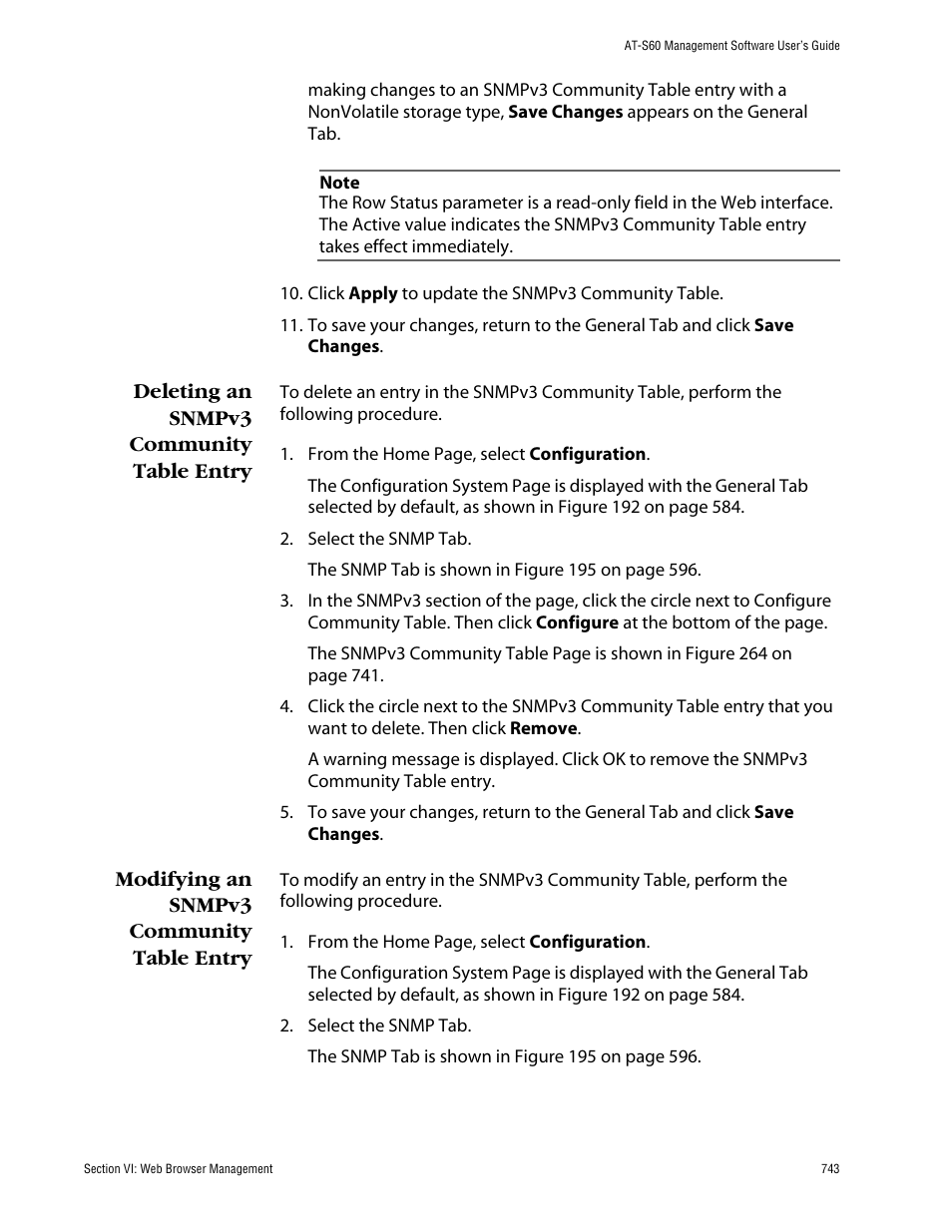 Deleting an snmpv3 community table entry, Modifying an snmpv3 community table entry | Allied Telesis AT-S60 User Manual | Page 743 / 858