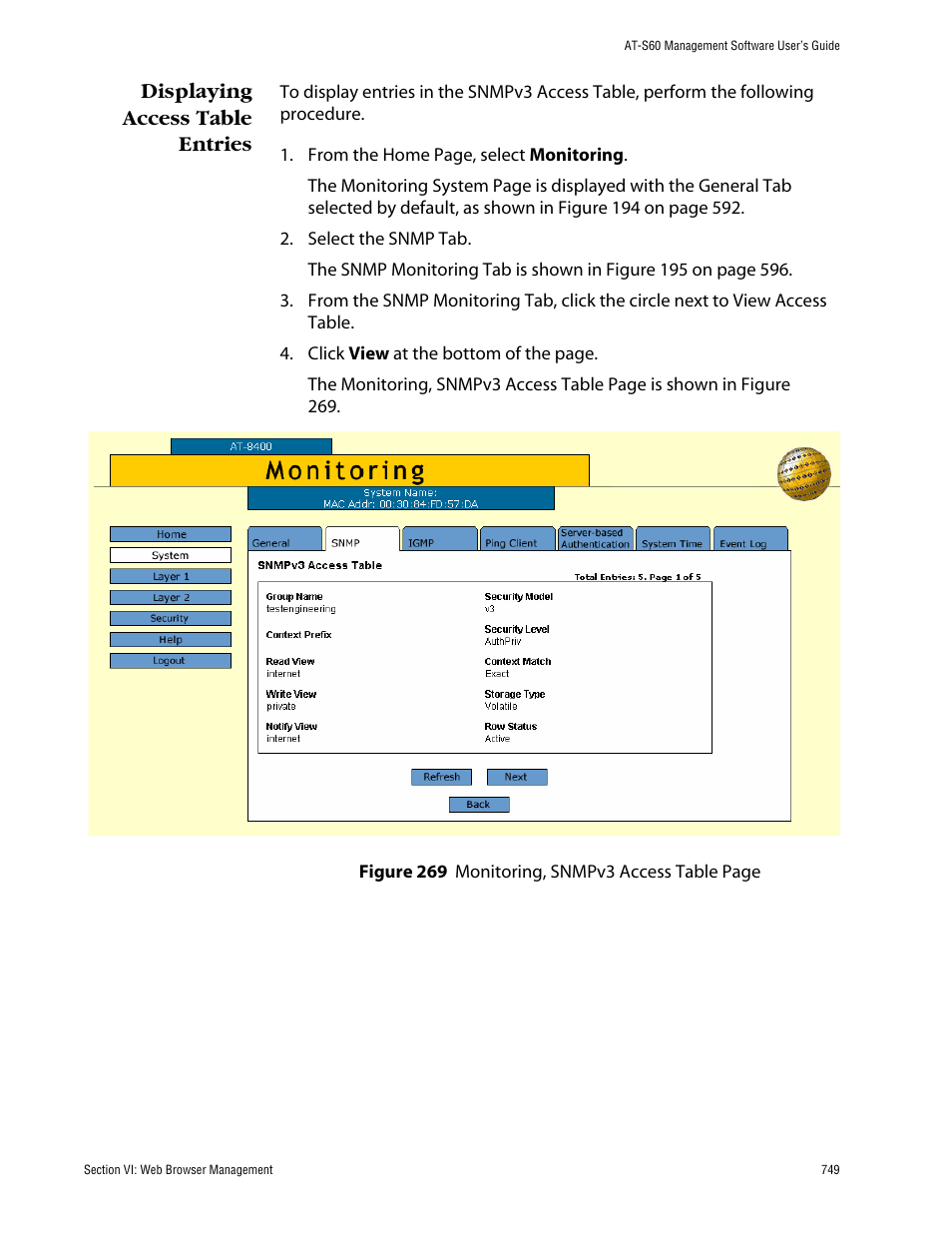 Displaying access table entries | Allied Telesis AT-S60 User Manual | Page 749 / 858